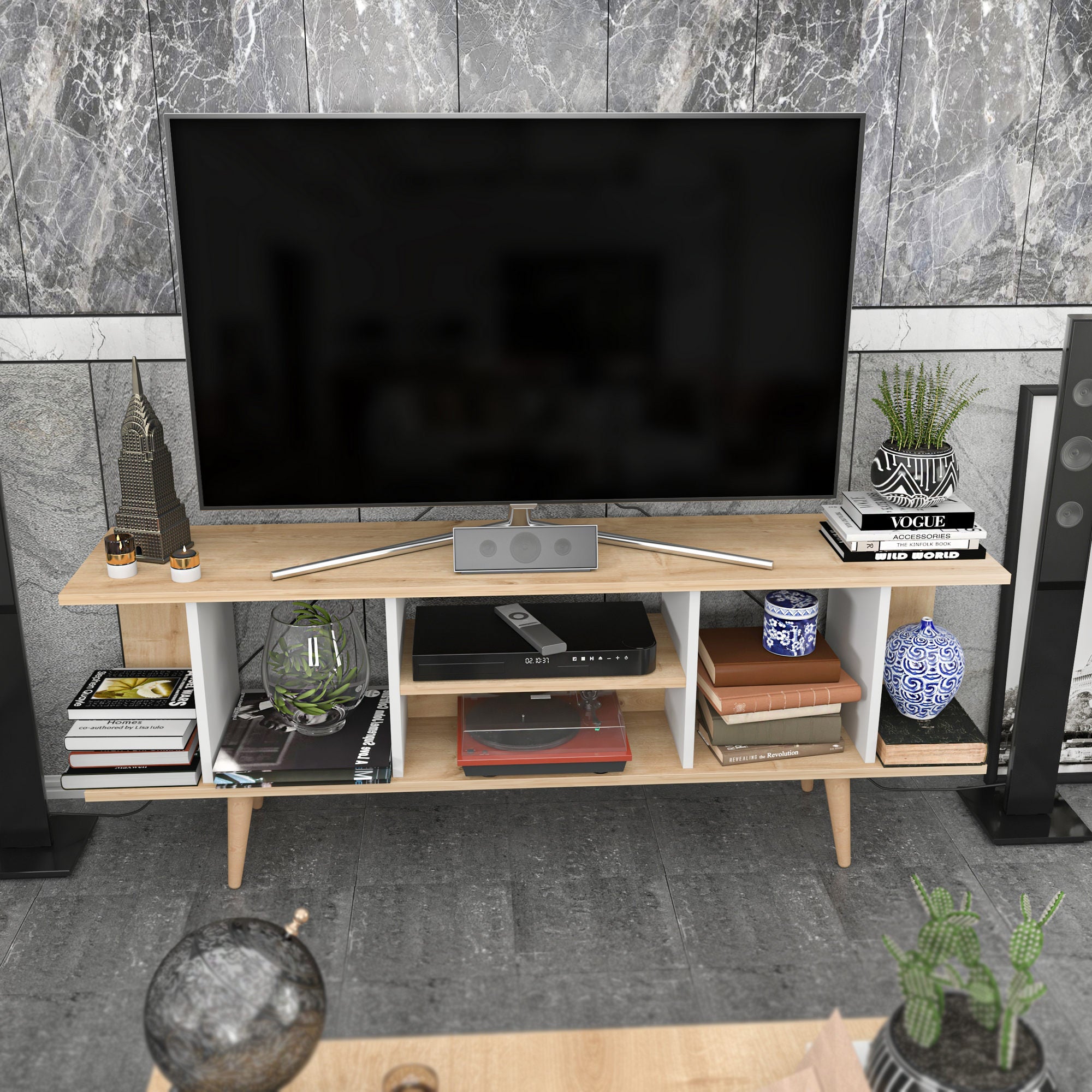 Suporte de TV elegante, safira e branco, 160 x 35 x 38,6 cm | Painel de partículas 100% revestido de melamina, 18 mm de espessura | Design moderno para salas de estar e espaços de entretenimento