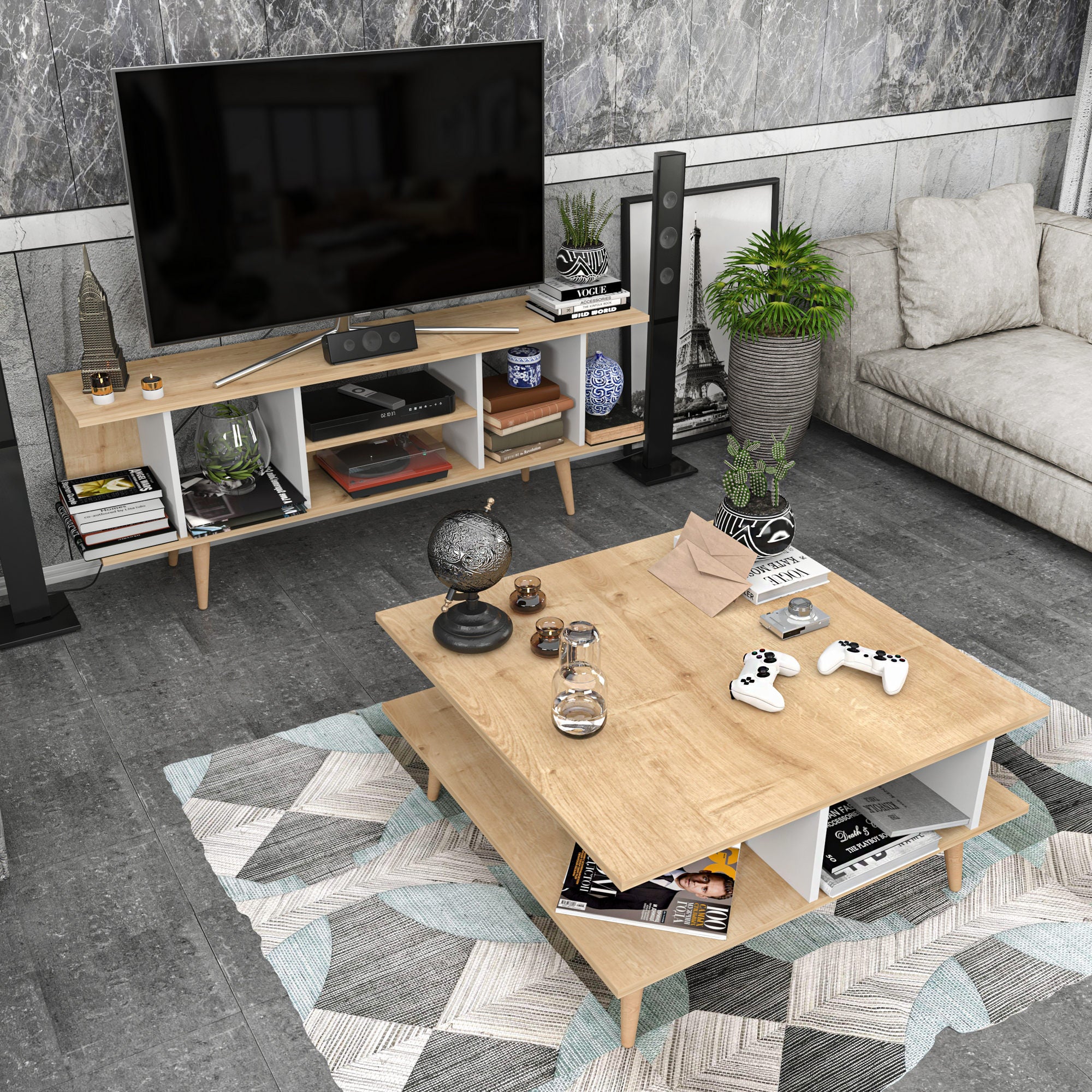 Suporte de TV elegante, safira e branco, 160 x 35 x 38,6 cm | Painel de partículas 100% revestido de melamina, 18 mm de espessura | Design moderno para salas de estar e espaços de entretenimento