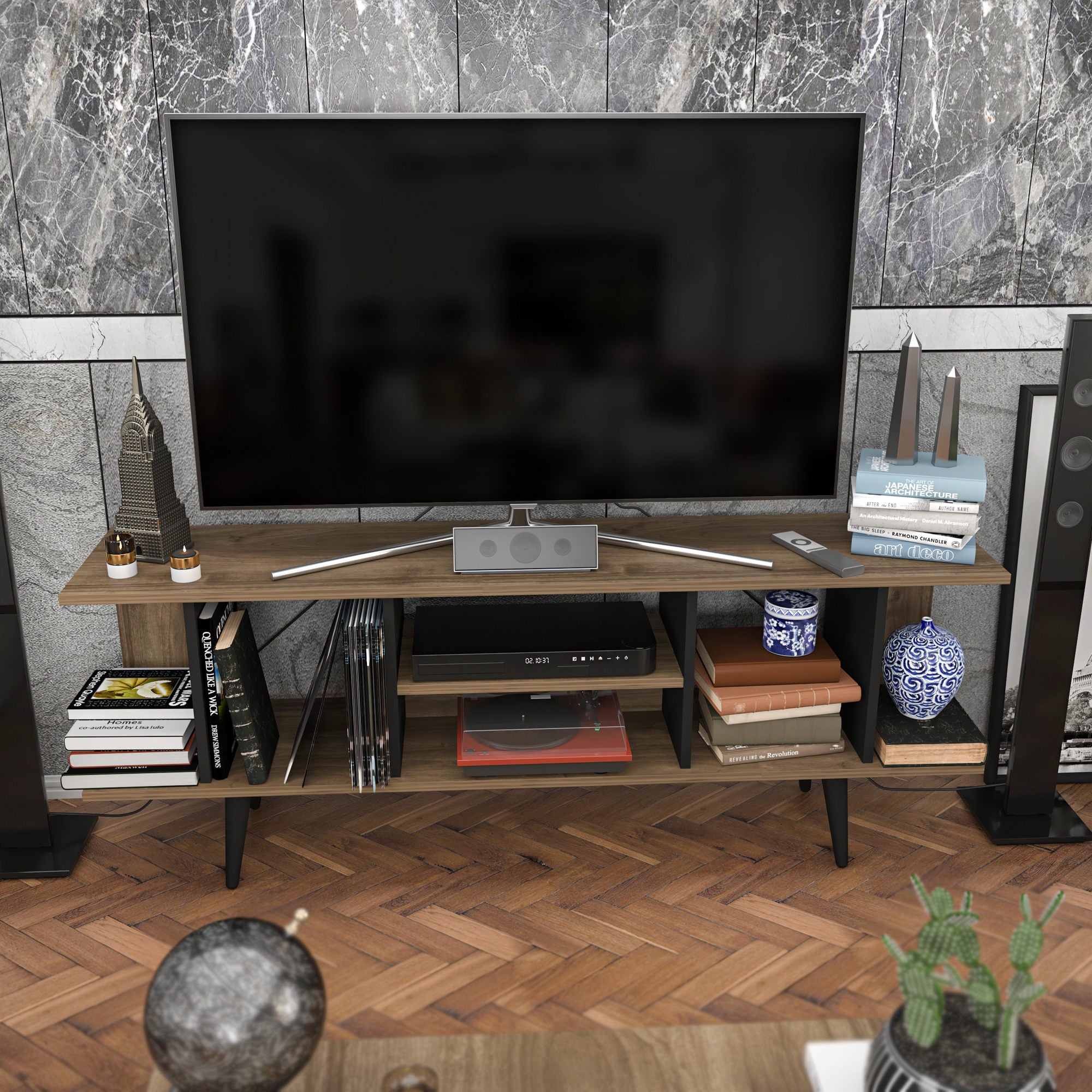 Suporte de TV elegante, nogueira e preto, 160 x 35 x 38,6 cm | Painel de partículas 100% revestido de melamina, 18 mm de espessura | Design moderno para salas de estar e espaços de entretenimento