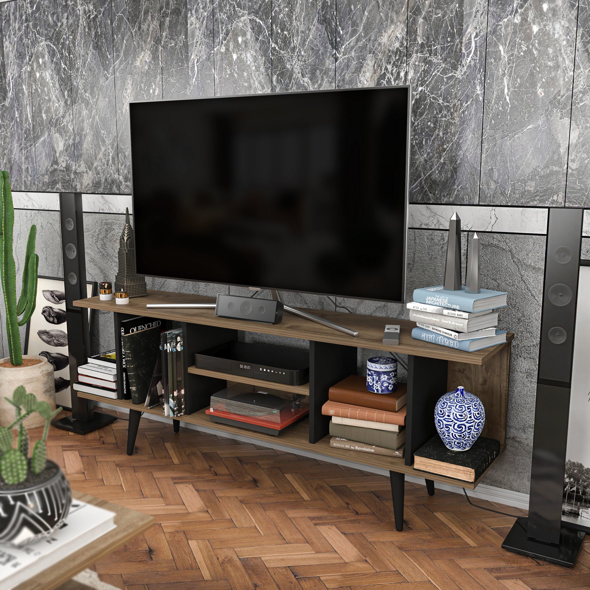 Suporte de TV elegante, nogueira e preto, 160 x 35 x 38,6 cm | Painel de partículas 100% revestido de melamina, 18 mm de espessura | Design moderno para salas de estar e espaços de entretenimento