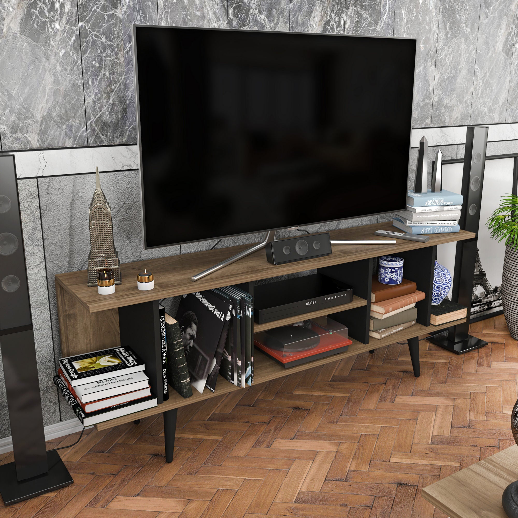 Suporte de TV elegante, nogueira e preto, 160 x 35 x 38,6 cm | Painel de partículas 100% revestido de melamina, 18 mm de espessura | Design moderno para salas de estar e espaços de entretenimento