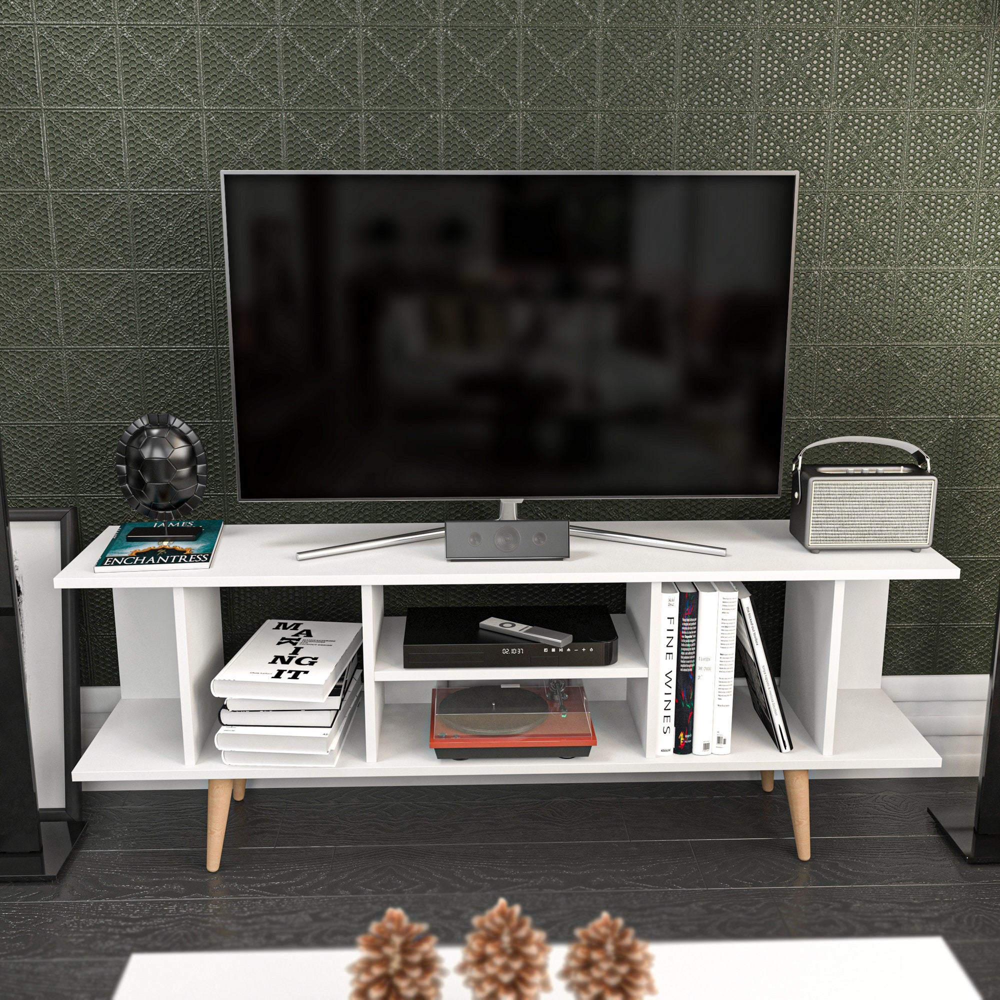 Suporte de TV moderno branco, 160 cm x 35 cm x 38,6 cm | Painel de partículas 100% revestido de melamina, 18 mm de espessura | Elegante e funcional para sala de estar