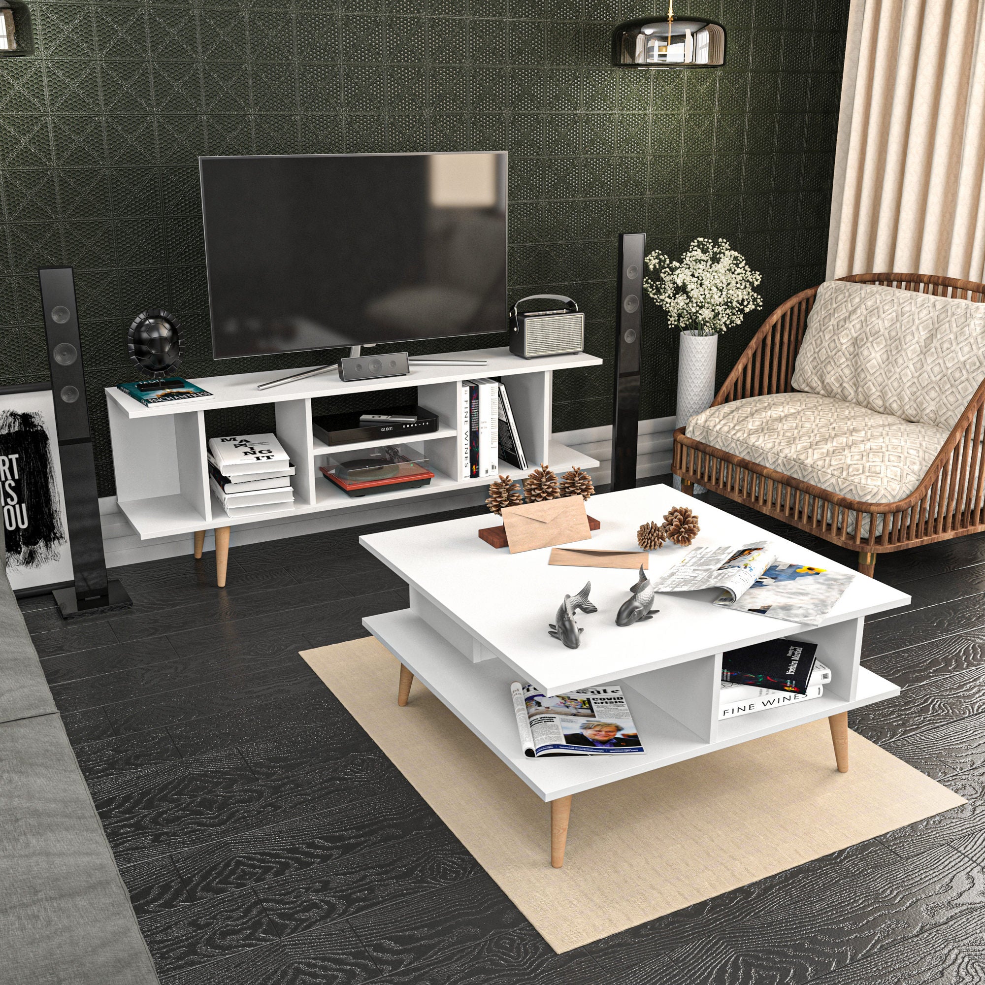 Suporte de TV moderno branco, 160 cm x 35 cm x 38,6 cm | Painel de partículas 100% revestido de melamina, 18 mm de espessura | Elegante e funcional para sala de estar