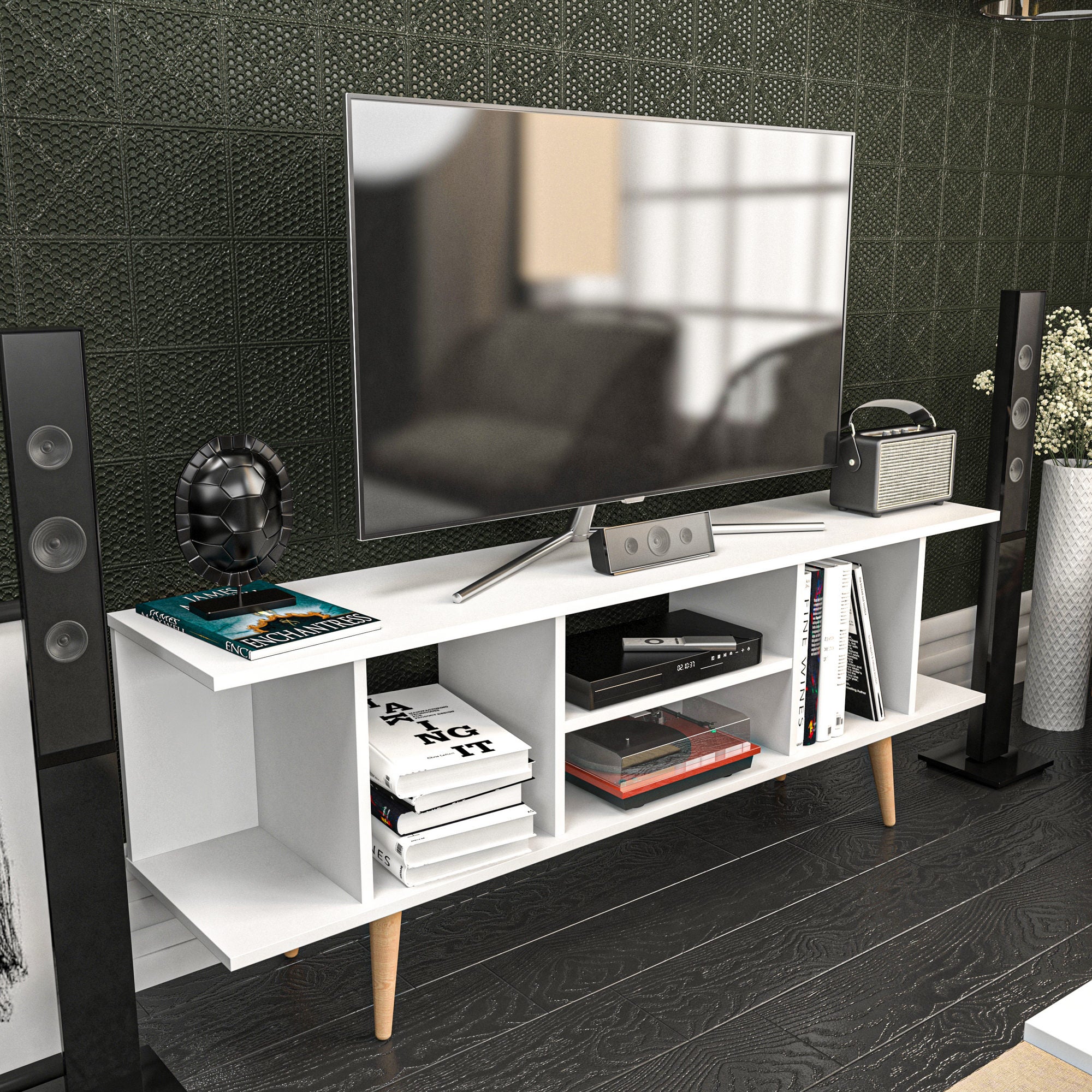Suporte de TV moderno branco, 160 cm x 35 cm x 38,6 cm | Painel de partículas 100% revestido de melamina, 18 mm de espessura | Elegante e funcional para sala de estar