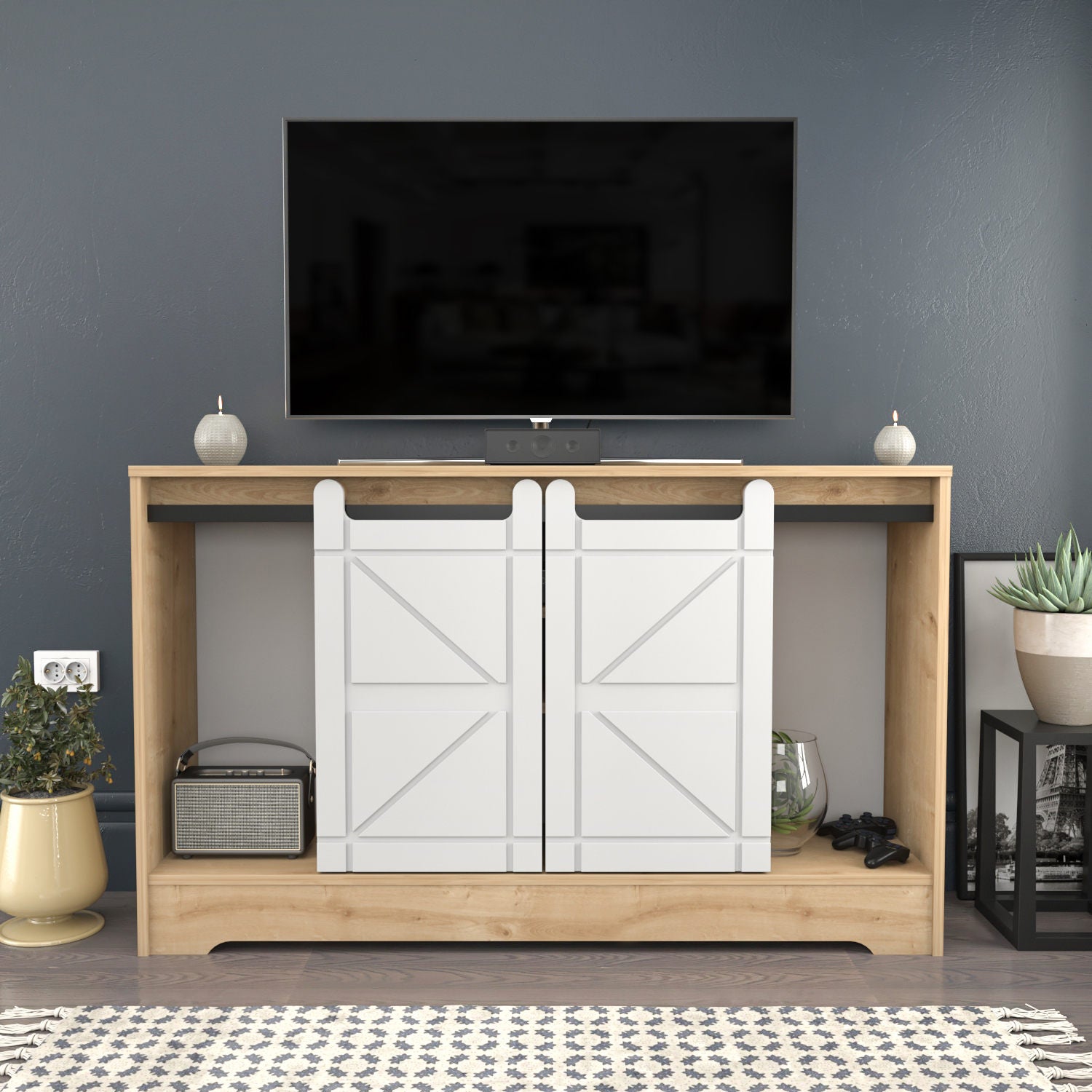 Suporte de TV tradicional, carvalho e branco, 140 x 35 x 85 cm | Painel de partículas 100% revestido de melamina, 18 mm de espessura | Design elegante para salas de estar e espaços de entretenimento