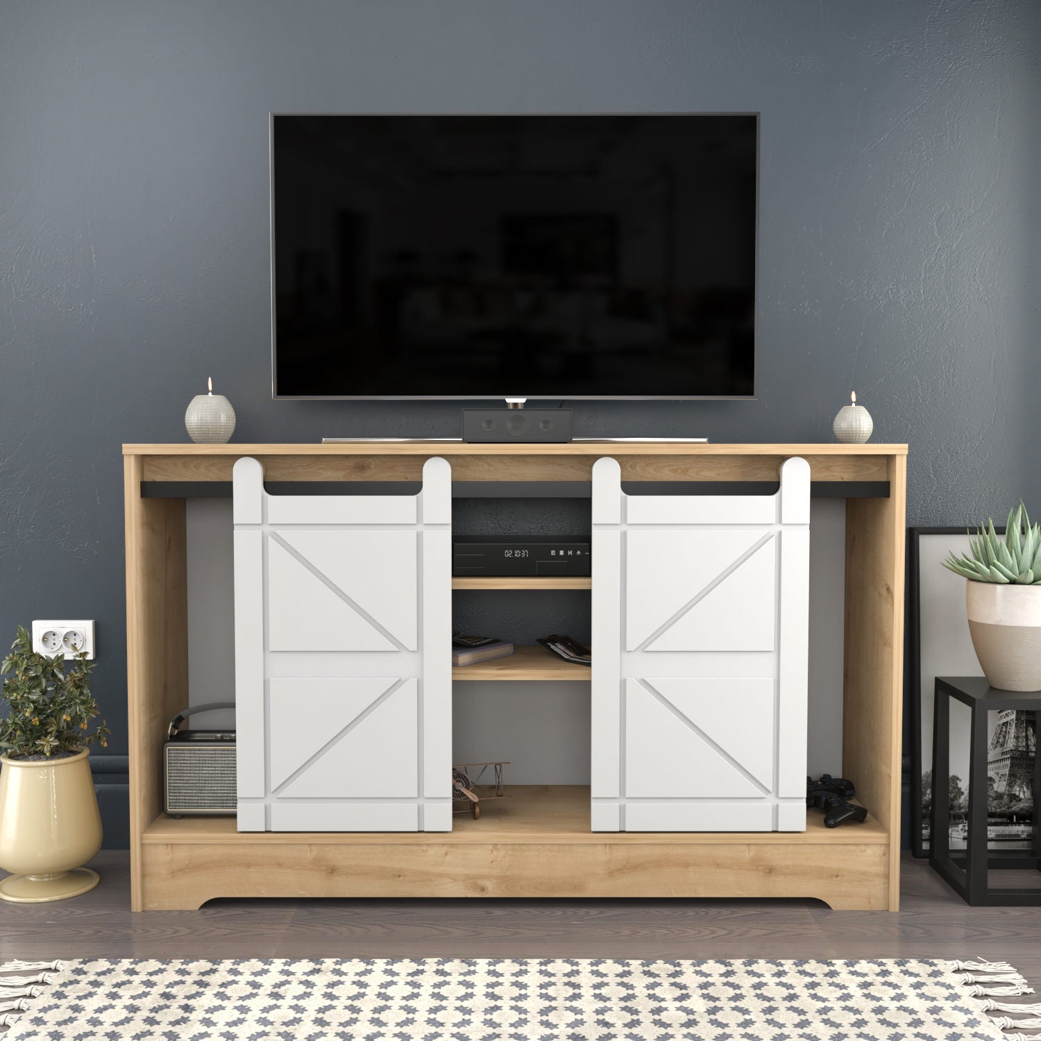 Suporte de TV tradicional, carvalho e branco, 140 x 35 x 85 cm | Painel de partículas 100% revestido de melamina, 18 mm de espessura | Design elegante para salas de estar e espaços de entretenimento