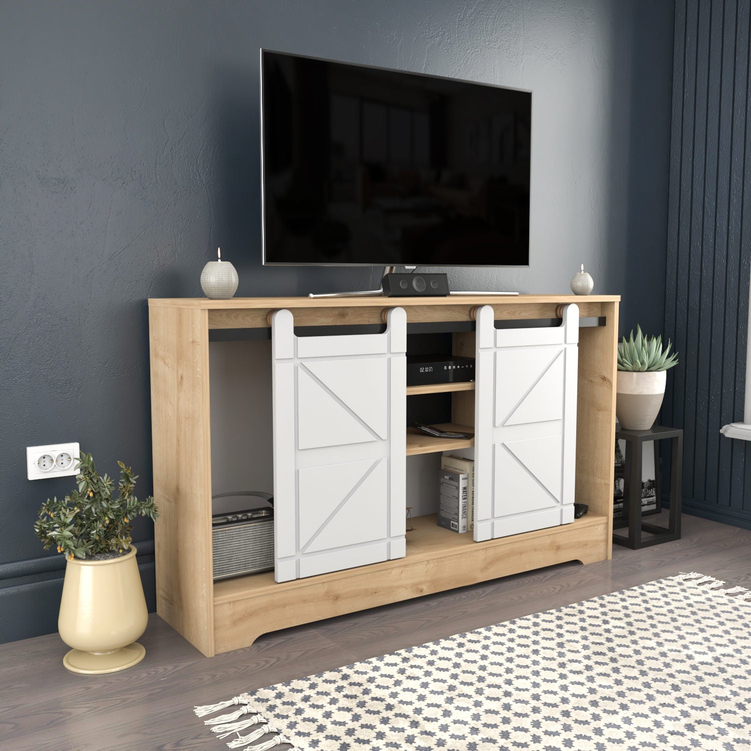 Suporte de TV tradicional, carvalho e branco, 140 x 35 x 85 cm | Painel de partículas 100% revestido de melamina, 18 mm de espessura | Design elegante para salas de estar e espaços de entretenimento