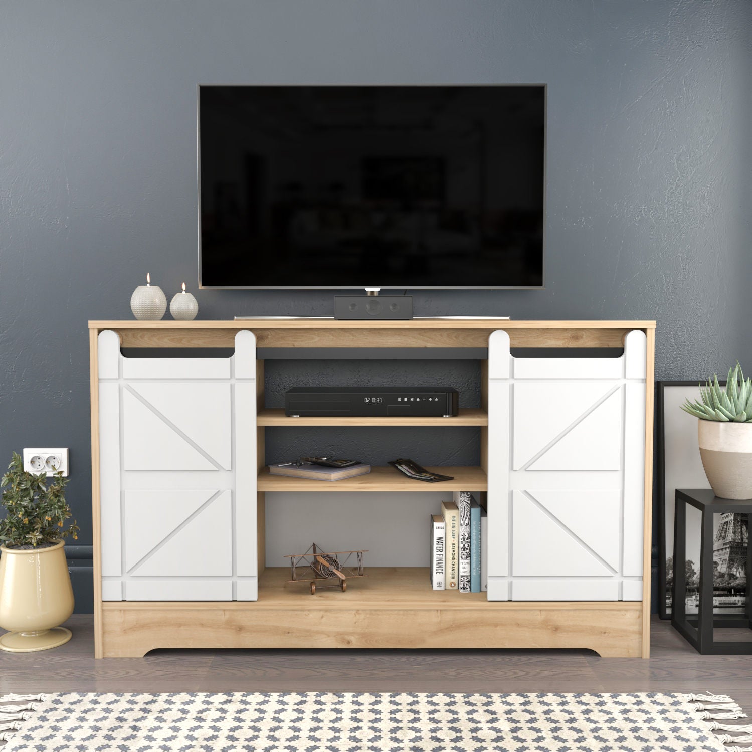 Suporte de TV tradicional, carvalho e branco, 140 x 35 x 85 cm | Painel de partículas 100% revestido de melamina, 18 mm de espessura | Design elegante para salas de estar e espaços de entretenimento