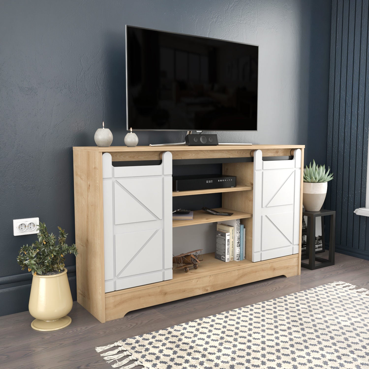 Suporte de TV tradicional, carvalho e branco, 140 x 35 x 85 cm | Painel de partículas 100% revestido de melamina, 18 mm de espessura | Design elegante para salas de estar e espaços de entretenimento