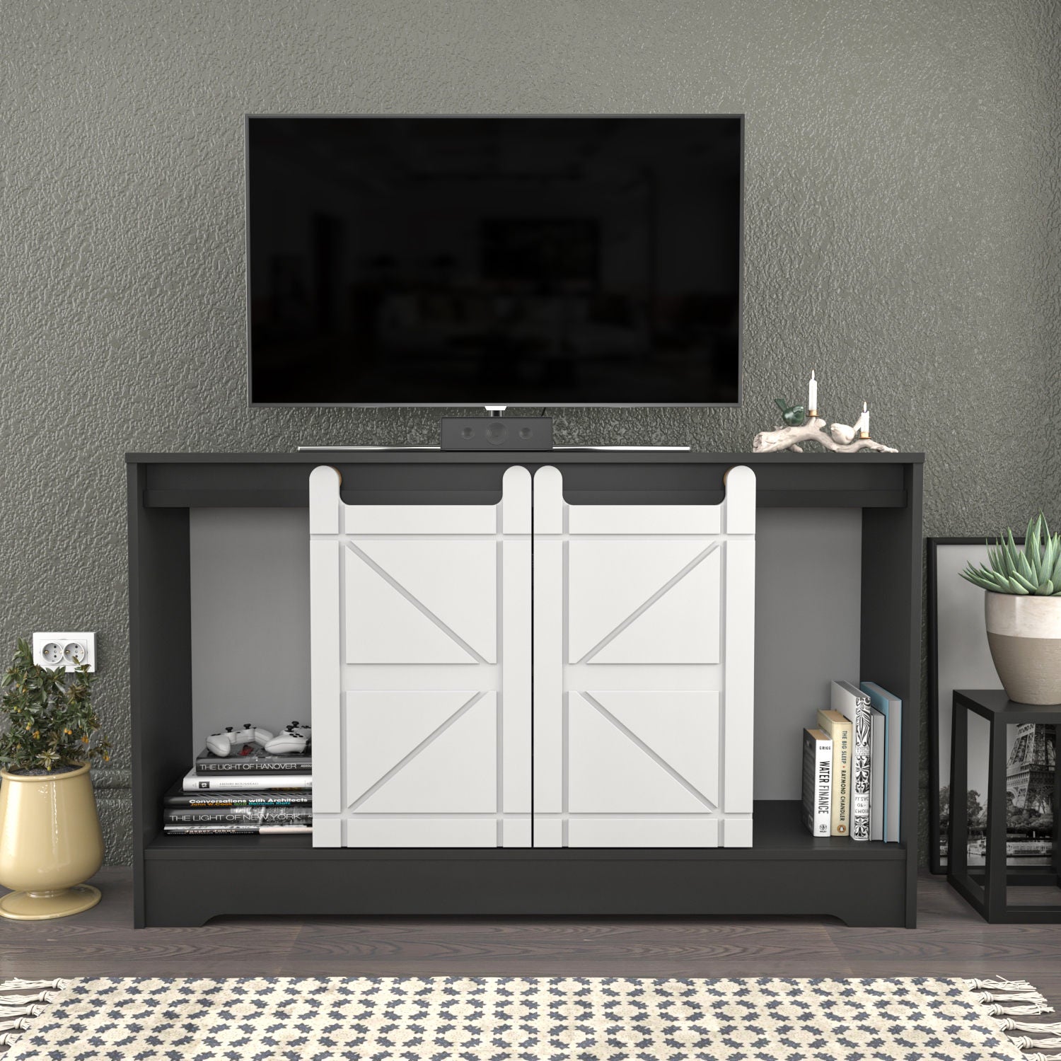 Suporte de TV tradicional, cinza e branco, 140 x 35 x 85 cm | Painel de partículas 100% revestido em melamina, 18 mm de espessura | Solução de armazenamento elegante para salas de estar