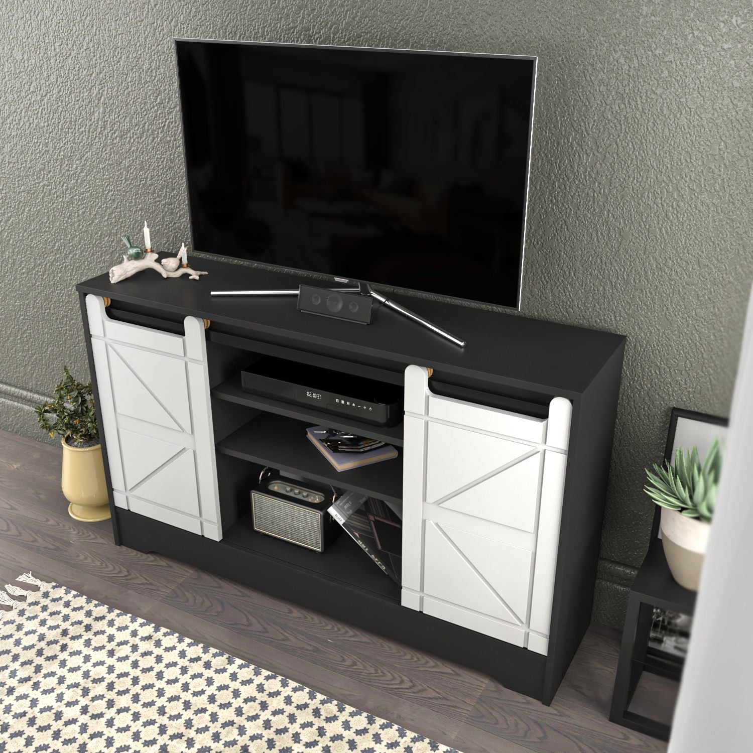 Suporte de TV tradicional, cinza e branco, 140 x 35 x 85 cm | Painel de partículas 100% revestido em melamina, 18 mm de espessura | Solução de armazenamento elegante para salas de estar