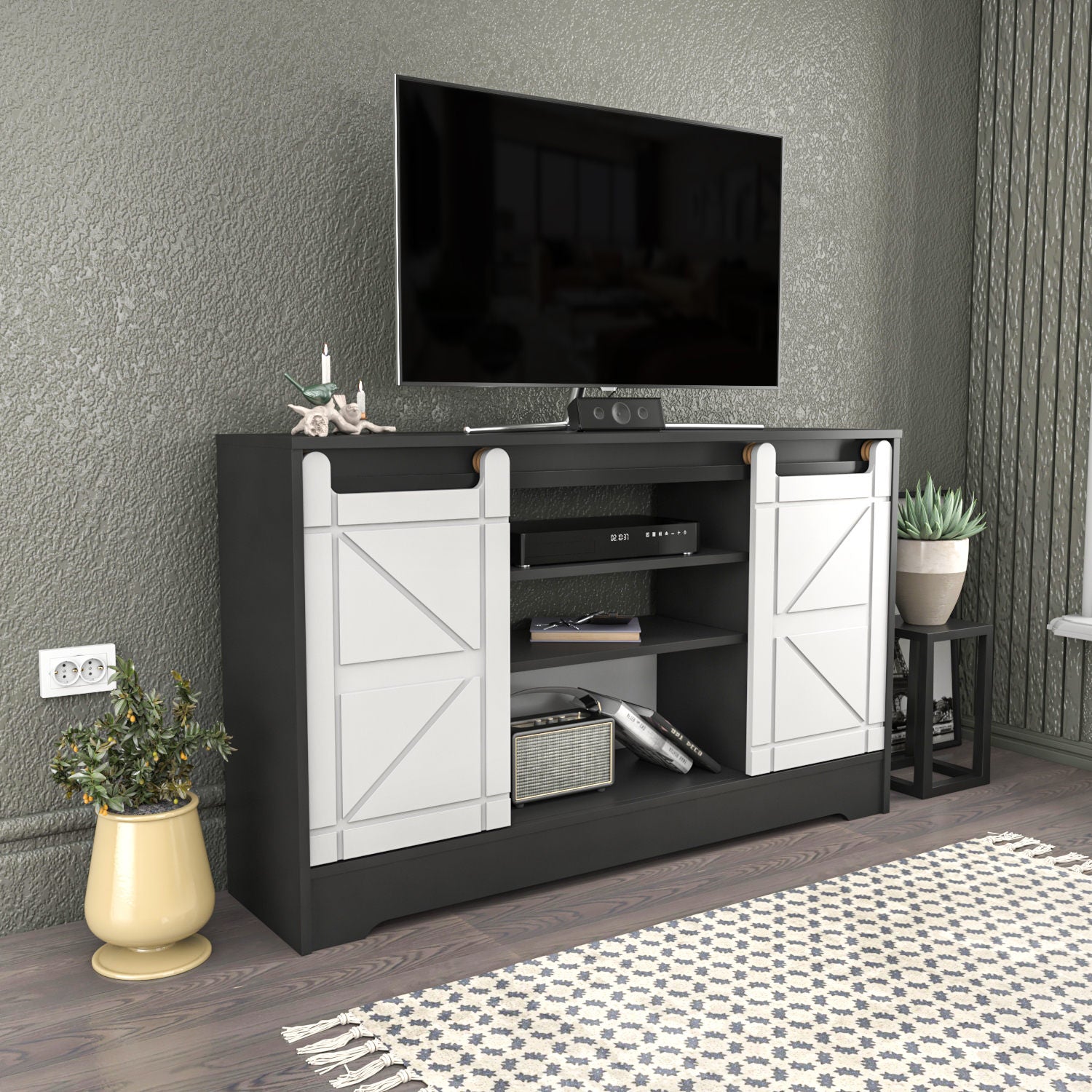 Suporte de TV tradicional, cinza e branco, 140 x 35 x 85 cm | Painel de partículas 100% revestido em melamina, 18 mm de espessura | Solução de armazenamento elegante para salas de estar