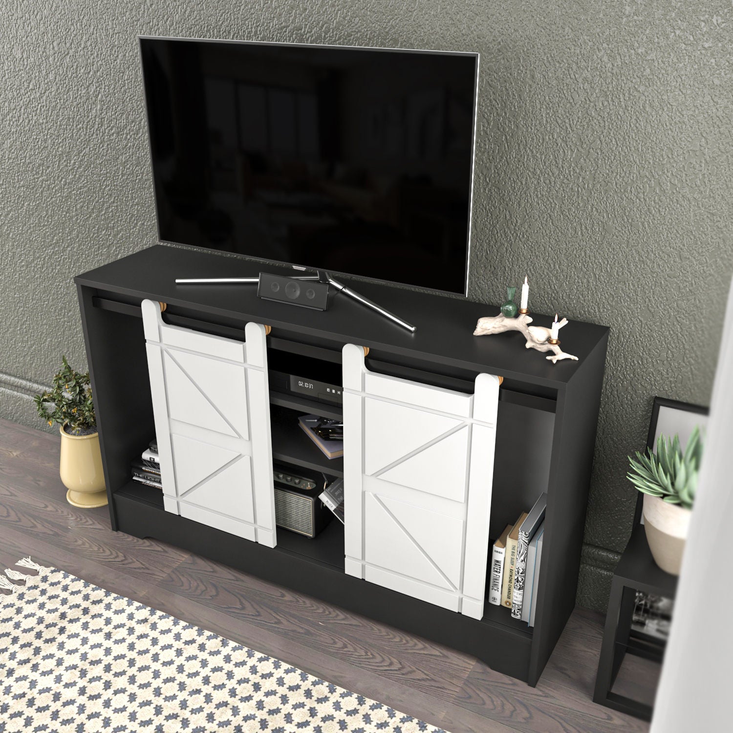 Suporte de TV tradicional, cinza e branco, 140 x 35 x 85 cm | Painel de partículas 100% revestido em melamina, 18 mm de espessura | Solução de armazenamento elegante para salas de estar