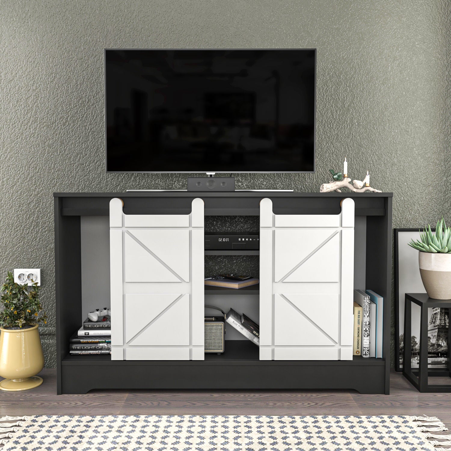 Suporte de TV tradicional, cinza e branco, 140 x 35 x 85 cm | Painel de partículas 100% revestido em melamina, 18 mm de espessura | Solução de armazenamento elegante para salas de estar