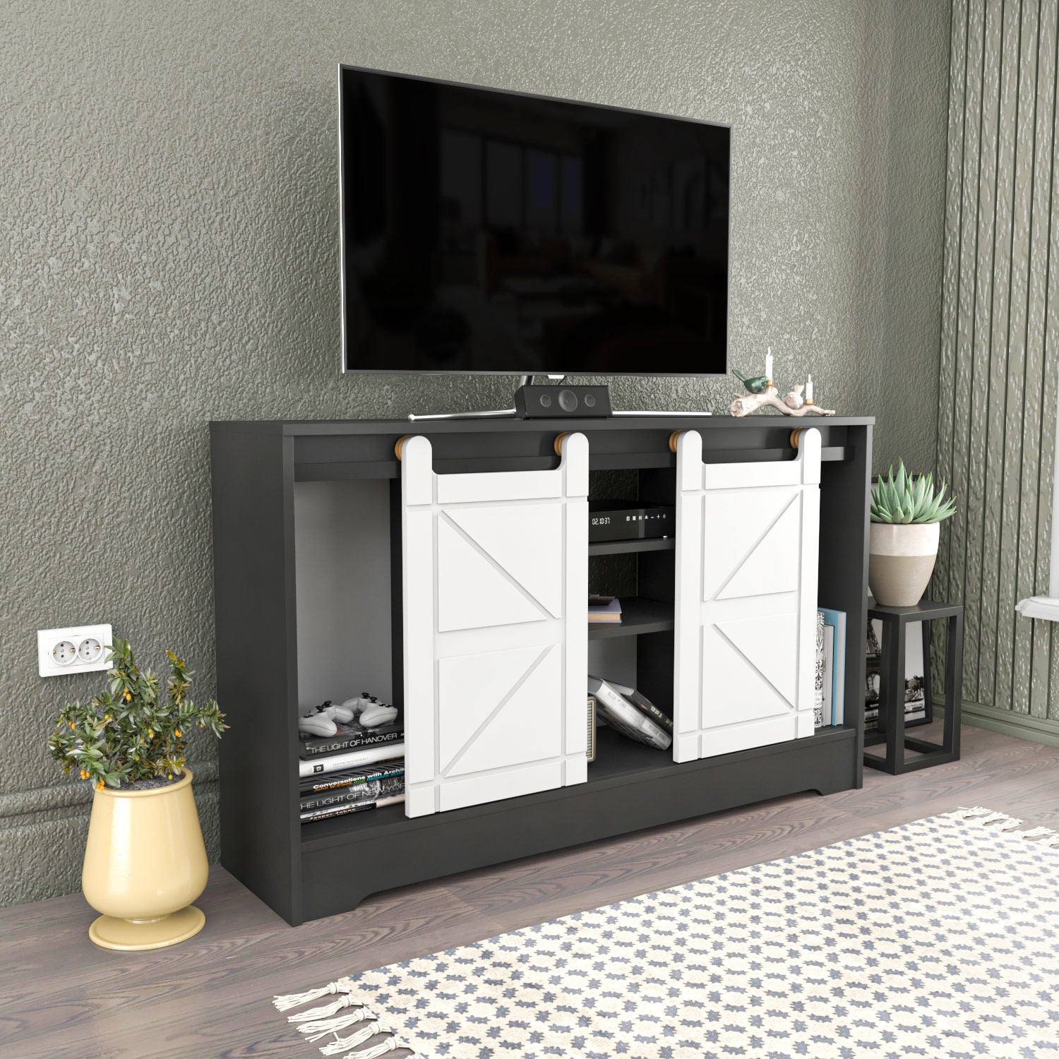 Suporte de TV tradicional, cinza e branco, 140 x 35 x 85 cm | Painel de partículas 100% revestido em melamina, 18 mm de espessura | Solução de armazenamento elegante para salas de estar