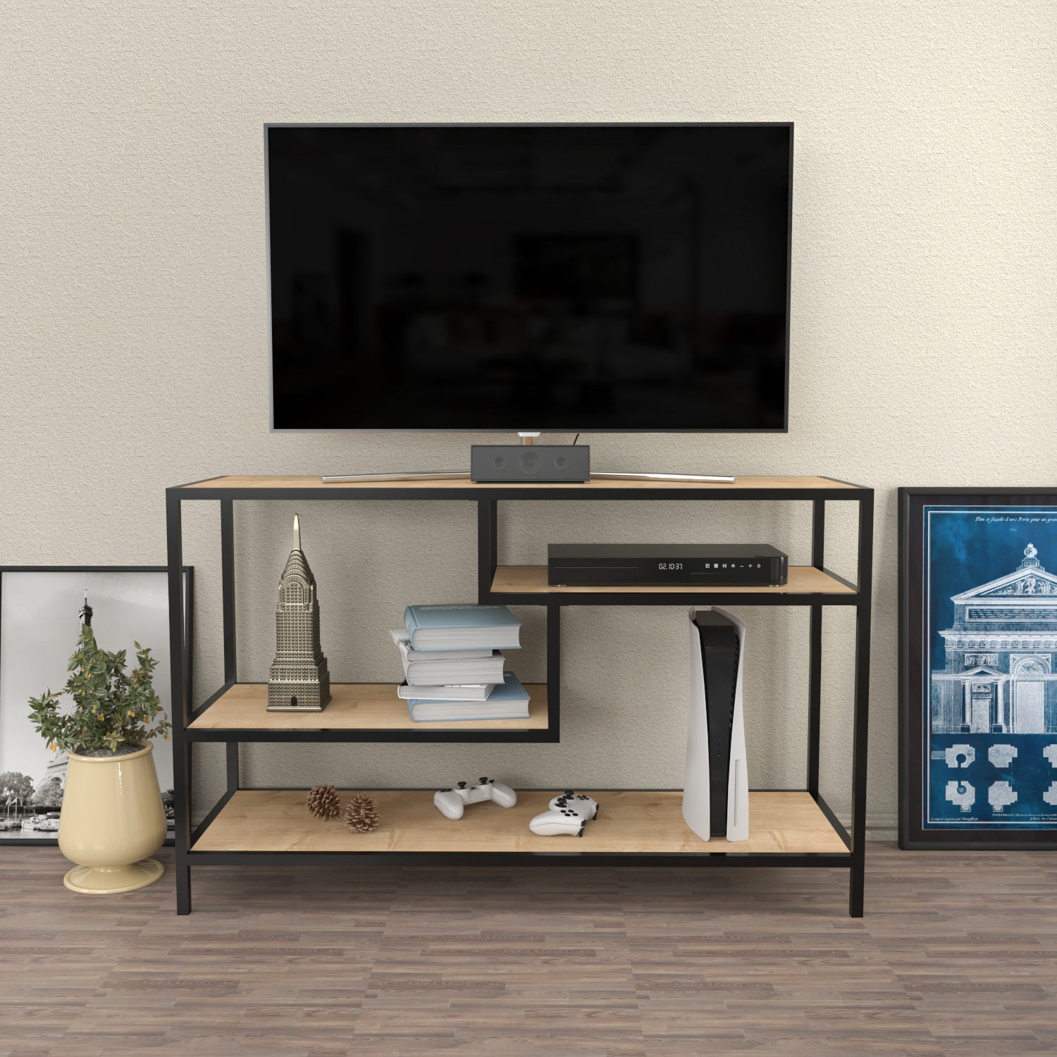 Móvel de TV industrial, carvalho e preto, 120 x 39 x 75 cm | Painel de partículas 100% revestido de melamina, 18 mm de espessura, estrutura de metal resistente | Design elegante e funcional
