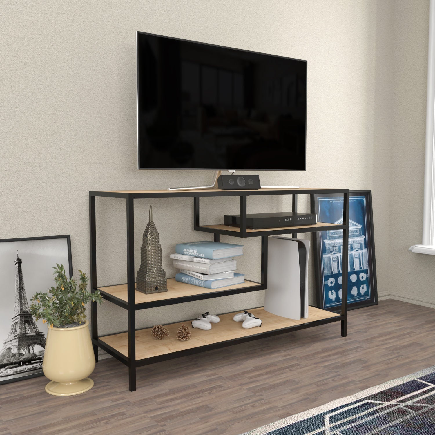 Móvel de TV industrial, carvalho e preto, 120 x 39 x 75 cm | Painel de partículas 100% revestido de melamina, 18 mm de espessura, estrutura de metal resistente | Design elegante e funcional