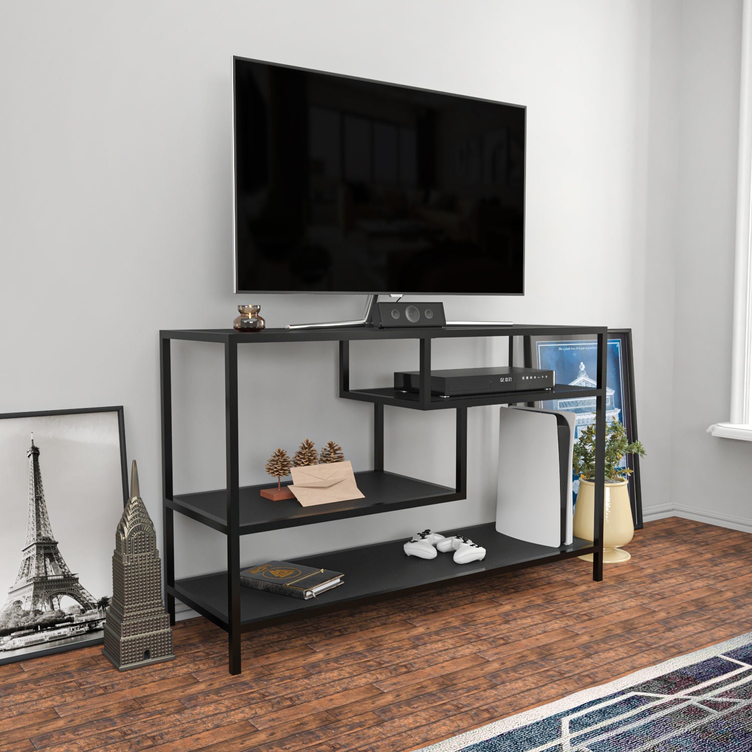 Suporte de TV industrial, 120 cm, antracite e preto | Painel de partículas 100% revestido em melamina, 18 mm de espessura, estrutura de metal | Elegante e durável para salas de estar modernas