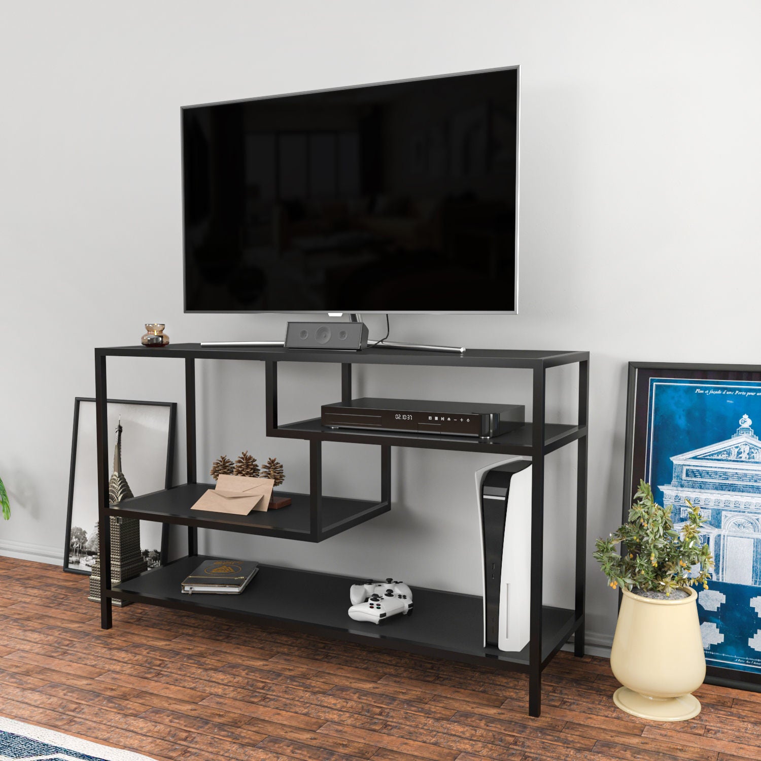Suporte de TV industrial, 120 cm, antracite e preto | Painel de partículas 100% revestido em melamina, 18 mm de espessura, estrutura de metal | Elegante e durável para salas de estar modernas