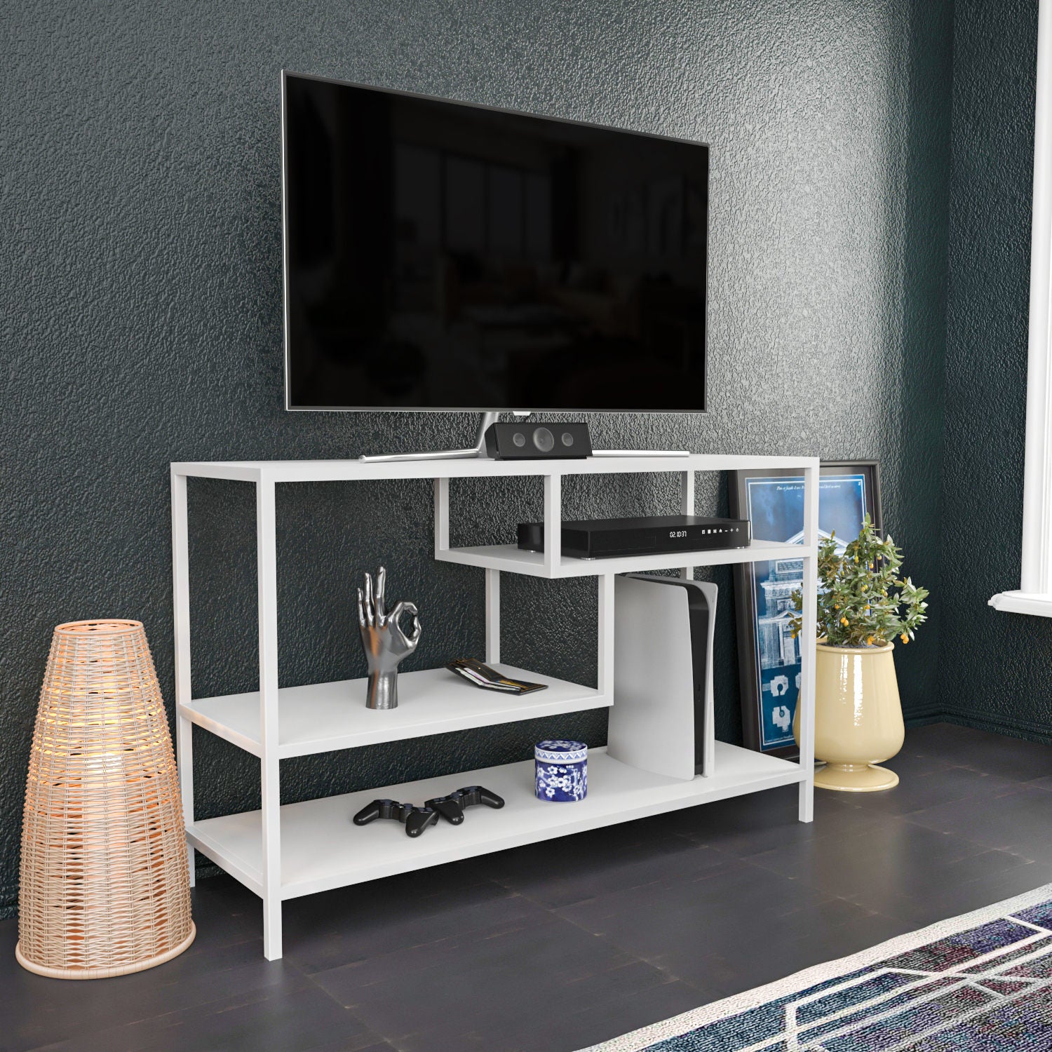 Móvel de TV escandinavo, branco, 120 x 39 x 75 cm | Painel de partículas 100% revestido em melamina, 18 mm de espessura, estrutura de metal resistente | Design elegante e funcional para salas de estar modernas
