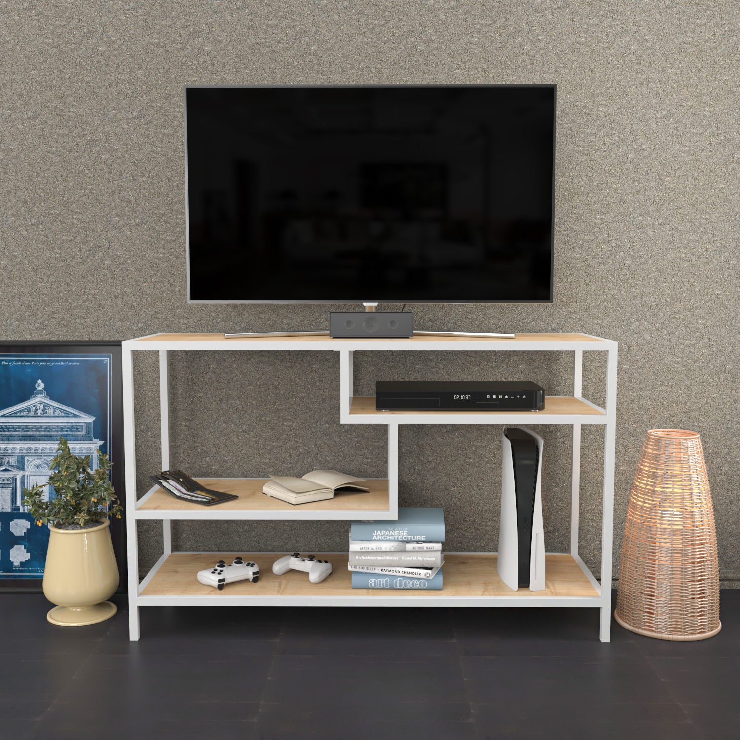 Móvel de TV escandinavo, branco e carvalho, 120 x 39 x 75 cm | Painel de partículas 100% revestido de melamina, 18 mm de espessura, estrutura de metal resistente | Design elegante e funcional