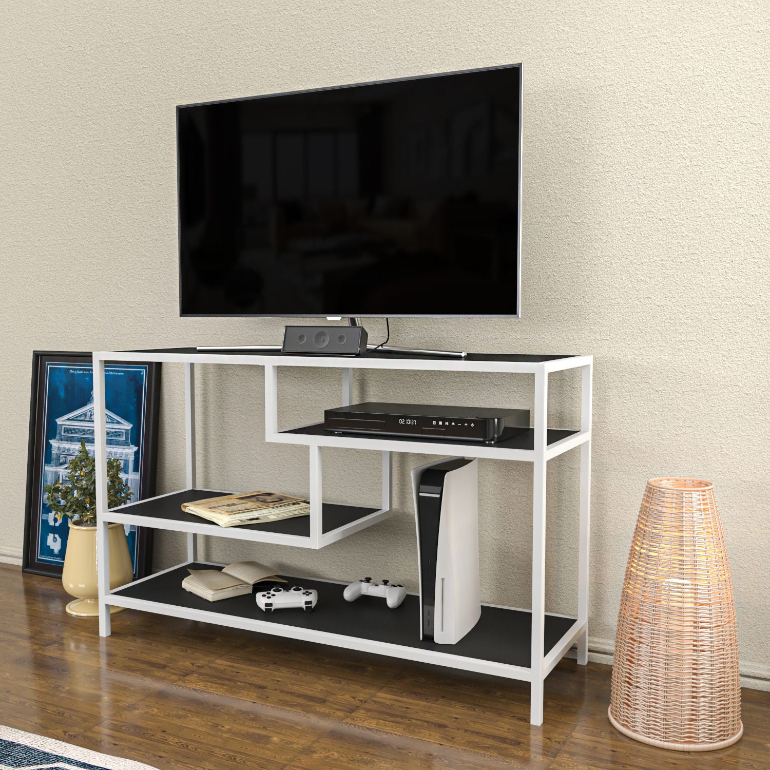 Móvel de TV escandinavo, branco e antracite, 120 x 39 x 75 cm | Painel de partículas 100% revestido de melamina, 18 mm de espessura, estrutura de metal resistente | Design elegante e funcional