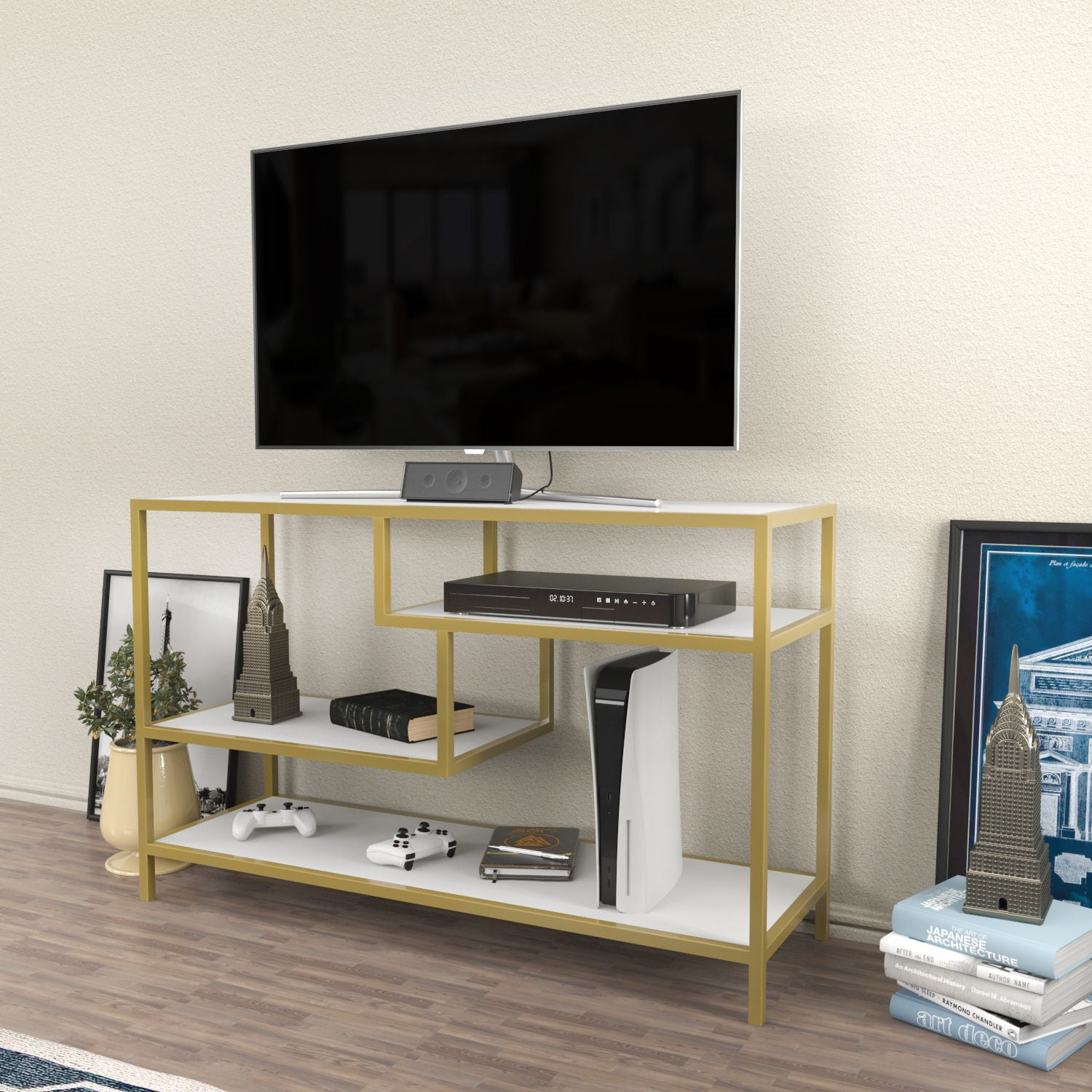 Móvel de TV Glamouroso, Dourado e Branco, 120 x 39 x 75 cm | Painel de partículas 100% revestido em melamina, 18 mm de espessura, estrutura de metal resistente | Design elegante e funcional para salas de estar modernas
