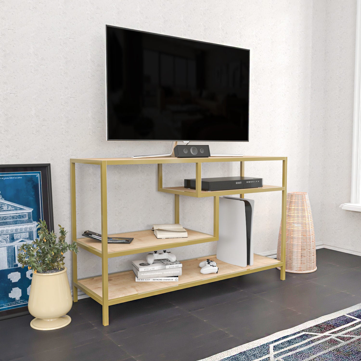 Móvel de TV Glamouroso, Dourado e Carvalho, 120 x 39 x 75 cm | Painel de partículas 100% revestido em melamina, 18 mm de espessura, estrutura de metal resistente | Design elegante e funcional para salas de estar modernas