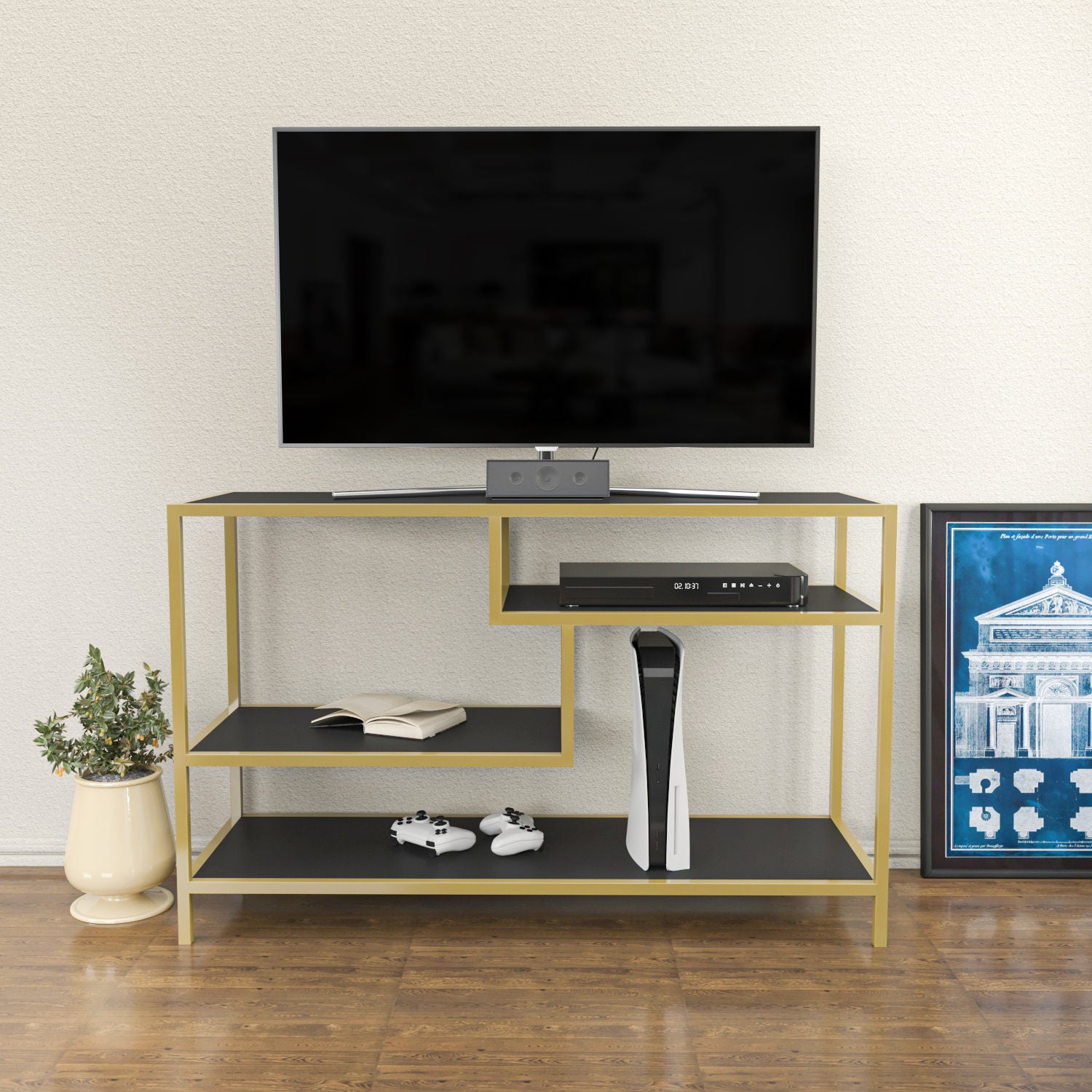 Móvel de TV glamoroso, 120 cm de largura, dourado e antracite | Painel de partículas 100% revestido de melamina, 18 mm de espessura, estrutura de metal resistente | Design elegante e funcional para salas de estar modernas