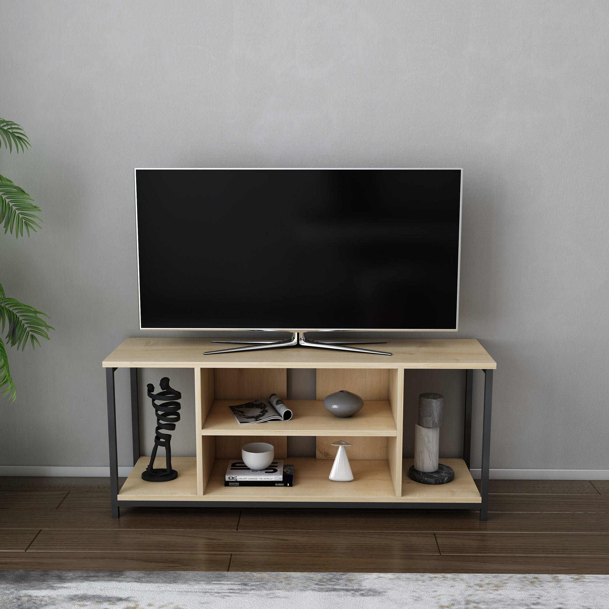 Móvel de TV industrial, preto e carvalho, 120 x 35 x 50,8 cm | Painel de partículas 100% revestido de melamina, 18 mm de espessura, estrutura de metal resistente | Design elegante e funcional