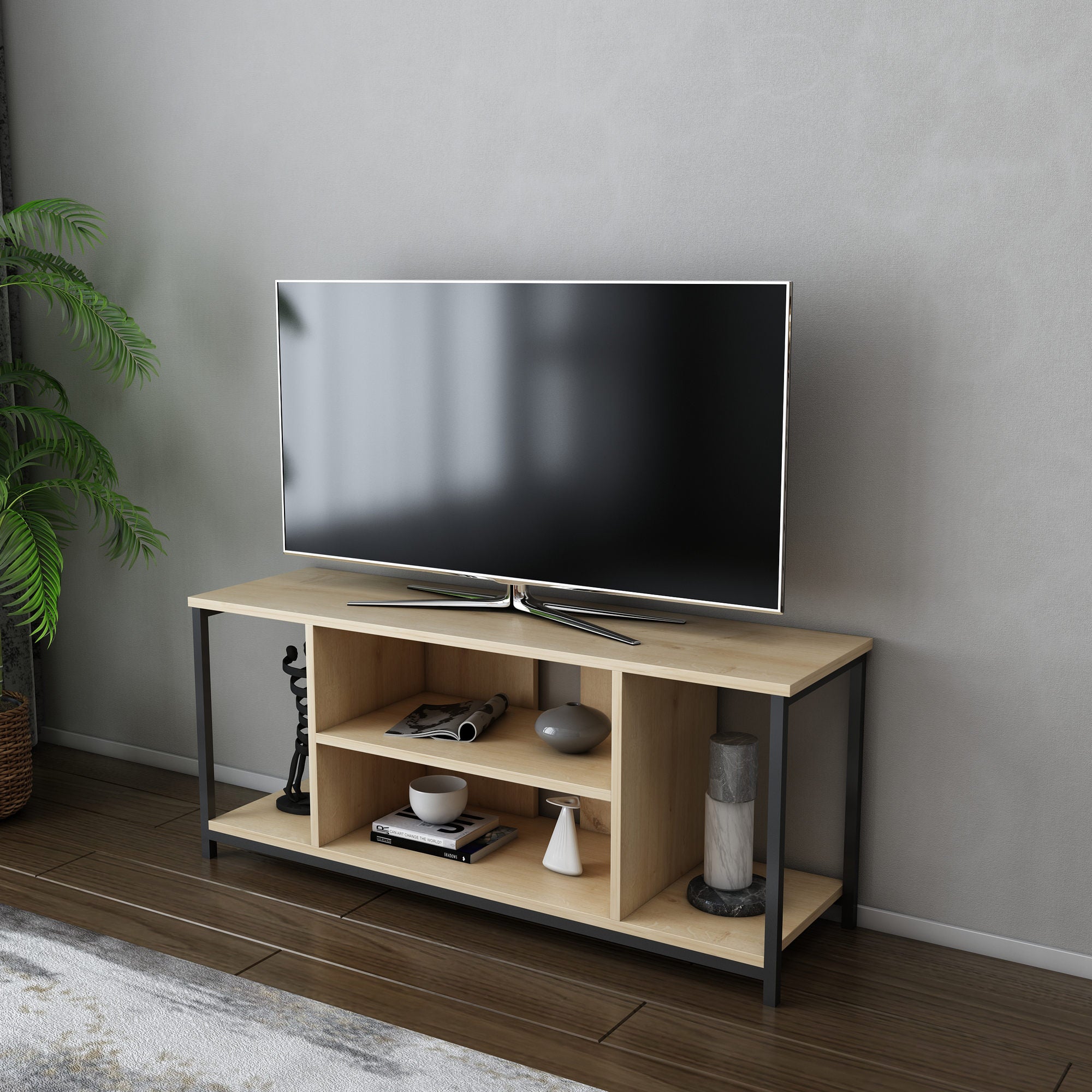 Móvel de TV industrial, preto e carvalho, 120 x 35 x 50,8 cm | Painel de partículas 100% revestido de melamina, 18 mm de espessura, estrutura de metal resistente | Design elegante e funcional