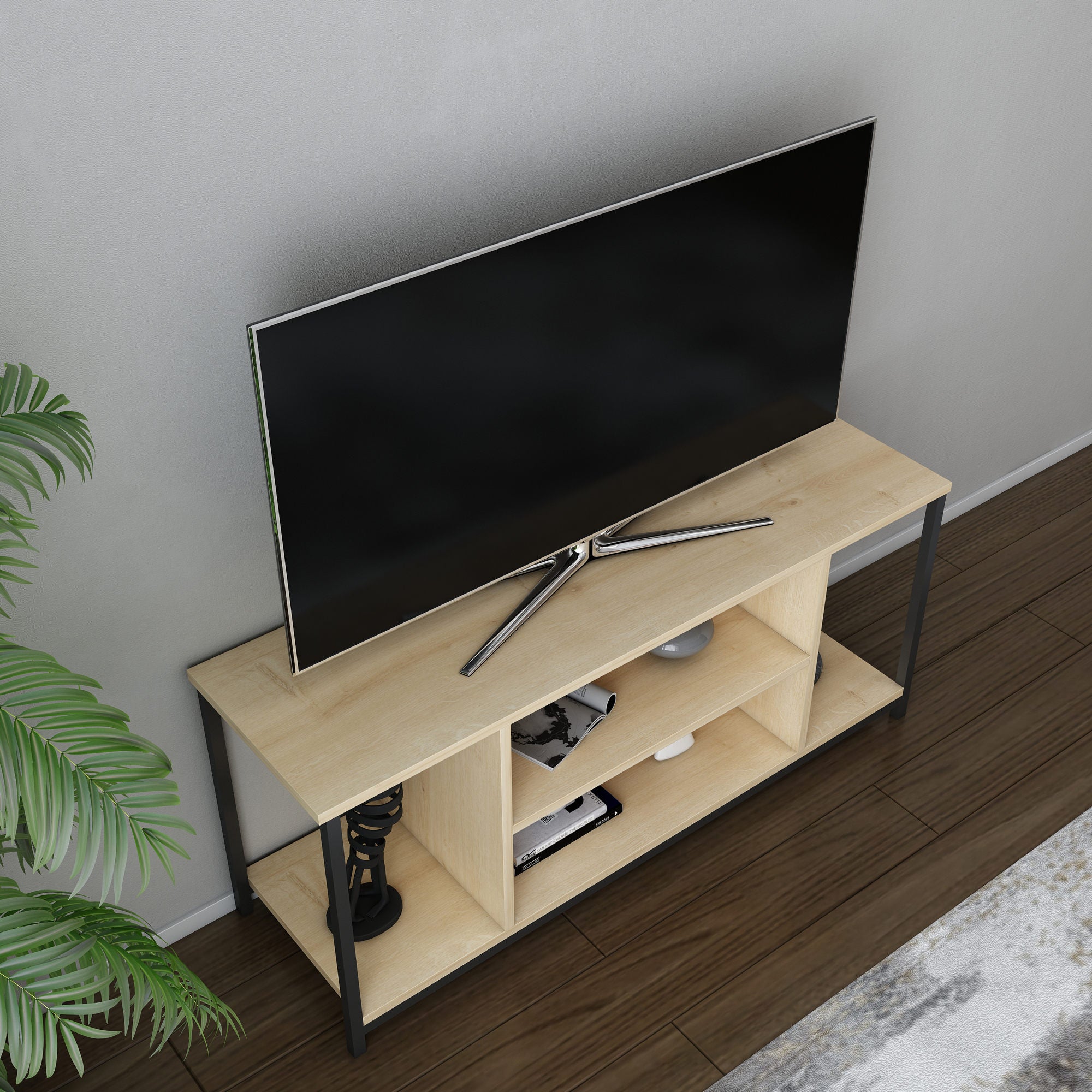 Móvel de TV industrial, preto e carvalho, 120 x 35 x 50,8 cm | Painel de partículas 100% revestido de melamina, 18 mm de espessura, estrutura de metal resistente | Design elegante e funcional