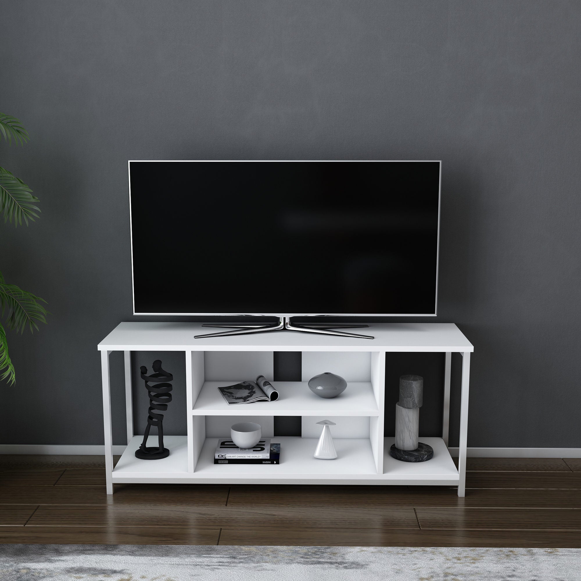 Móvel de TV escandinavo, branco, 120 x 35 x 50,8 cm | Painel de partículas 100% revestido em melamina, 18 mm de espessura, estrutura de metal | Elegante e funcional para salas de estar modernas