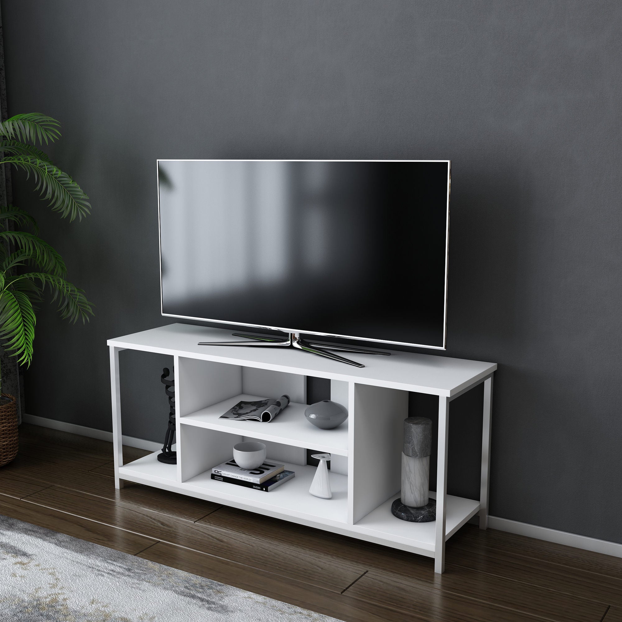 Móvel de TV escandinavo, branco, 120 x 35 x 50,8 cm | Painel de partículas 100% revestido em melamina, 18 mm de espessura, estrutura de metal | Elegante e funcional para salas de estar modernas