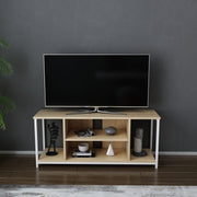 Móvel de TV escandinavo, branco e carvalho, 120 x 35 x 50,8 cm | Painel de partículas 100% revestido de melamina, 18 mm de espessura, estrutura de metal resistente | Design elegante e funcional para salas de estar modernas