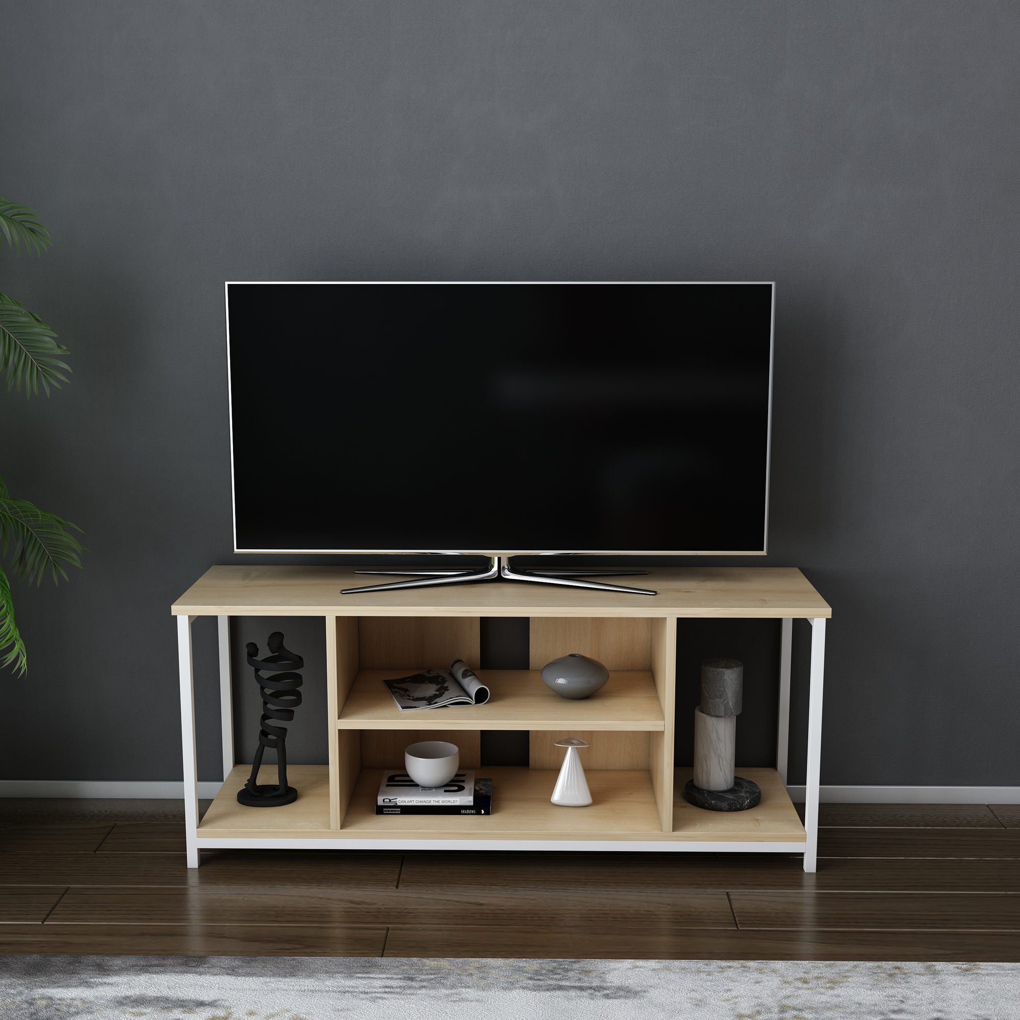 Móvel de TV escandinavo, branco e carvalho, 120 x 35 x 50,8 cm | Painel de partículas 100% revestido de melamina, 18 mm de espessura, estrutura de metal resistente | Design elegante e funcional para salas de estar modernas