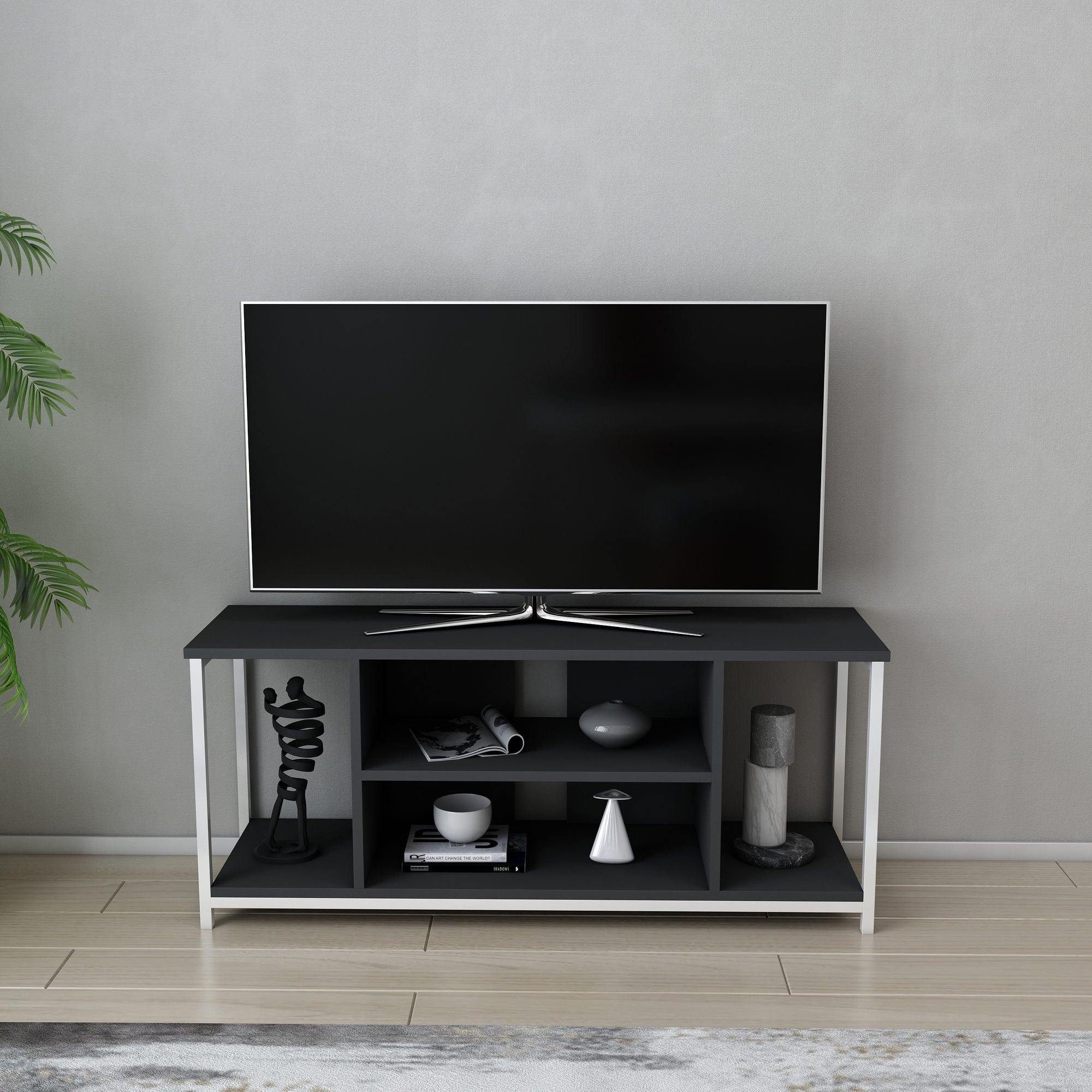 Móvel de TV elegante, 120 cm de largura, branco e antracite | Painel de partículas 100% revestido de melamina, 18 mm de espessura, estrutura de metal | Design moderno para sala de estar