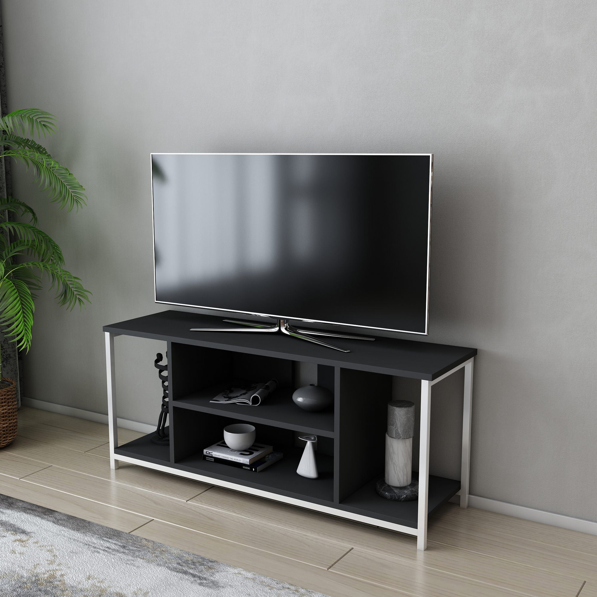 Móvel de TV elegante, 120 cm de largura, branco e antracite | Painel de partículas 100% revestido de melamina, 18 mm de espessura, estrutura de metal | Design moderno para sala de estar