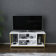 Móvel de TV Glam, Branco e Dourado, 120 x 35 x 50,8 cm | Painel de partículas 100% revestido em melamina, 18 mm de espessura, estrutura de metal resistente | Design elegante e funcional para salas de estar modernas