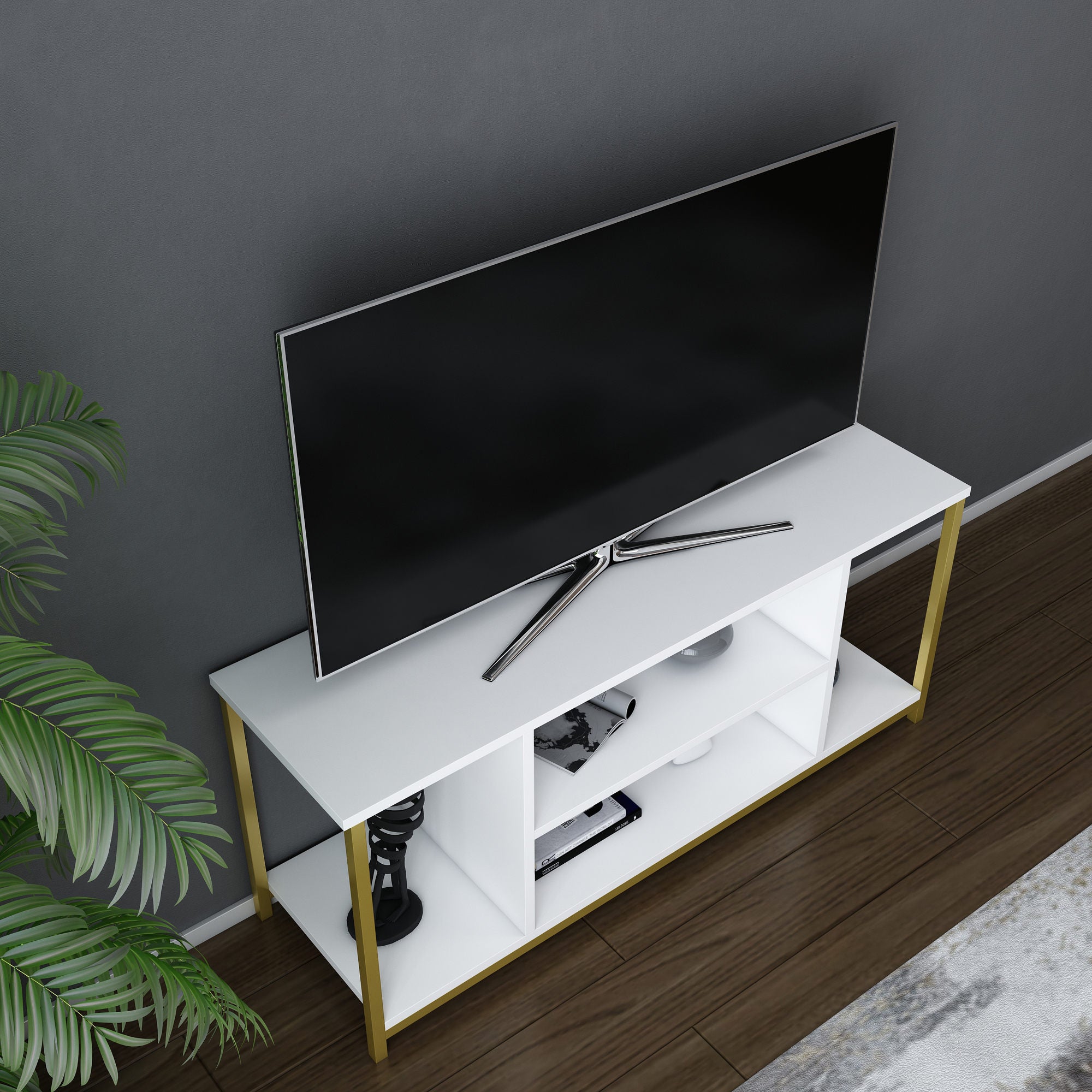 Móvel de TV Glam, Branco e Dourado, 120 x 35 x 50,8 cm | Painel de partículas 100% revestido em melamina, 18 mm de espessura, estrutura de metal resistente | Design elegante e funcional para salas de estar modernas