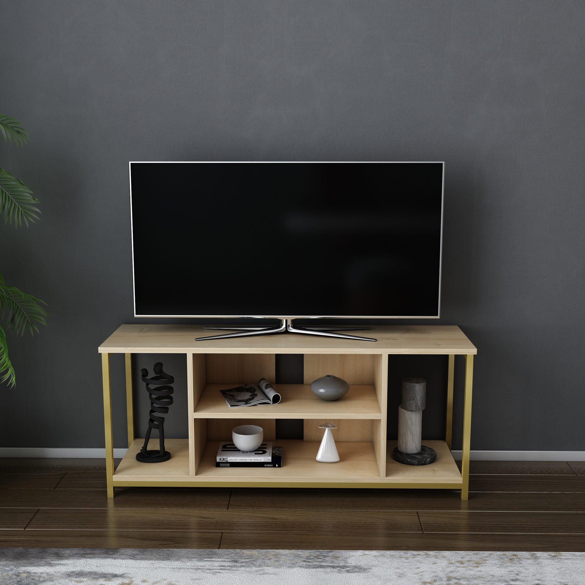 Móvel de TV Glamouroso, Dourado e Carvalho, 120 x 35 x 50,8 cm | Painel de partículas 100% revestido em melamina, 18 mm de espessura, estrutura de metal resistente | Design elegante e funcional para salas de estar modernas