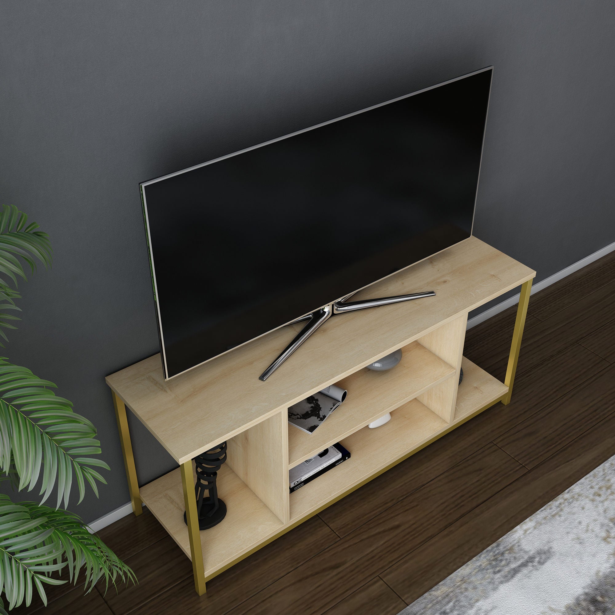 Móvel de TV Glamouroso, Dourado e Carvalho, 120 x 35 x 50,8 cm | Painel de partículas 100% revestido em melamina, 18 mm de espessura, estrutura de metal resistente | Design elegante e funcional para salas de estar modernas