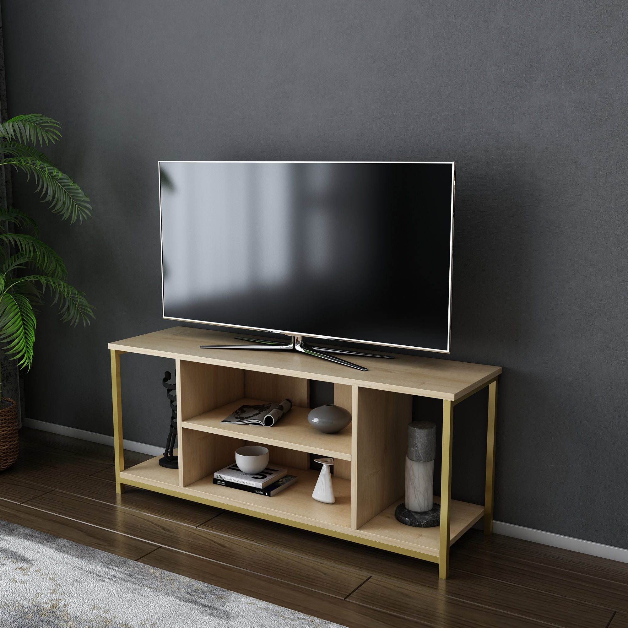 Móvel de TV Glamouroso, Dourado e Carvalho, 120 x 35 x 50,8 cm | Painel de partículas 100% revestido em melamina, 18 mm de espessura, estrutura de metal resistente | Design elegante e funcional para salas de estar modernas