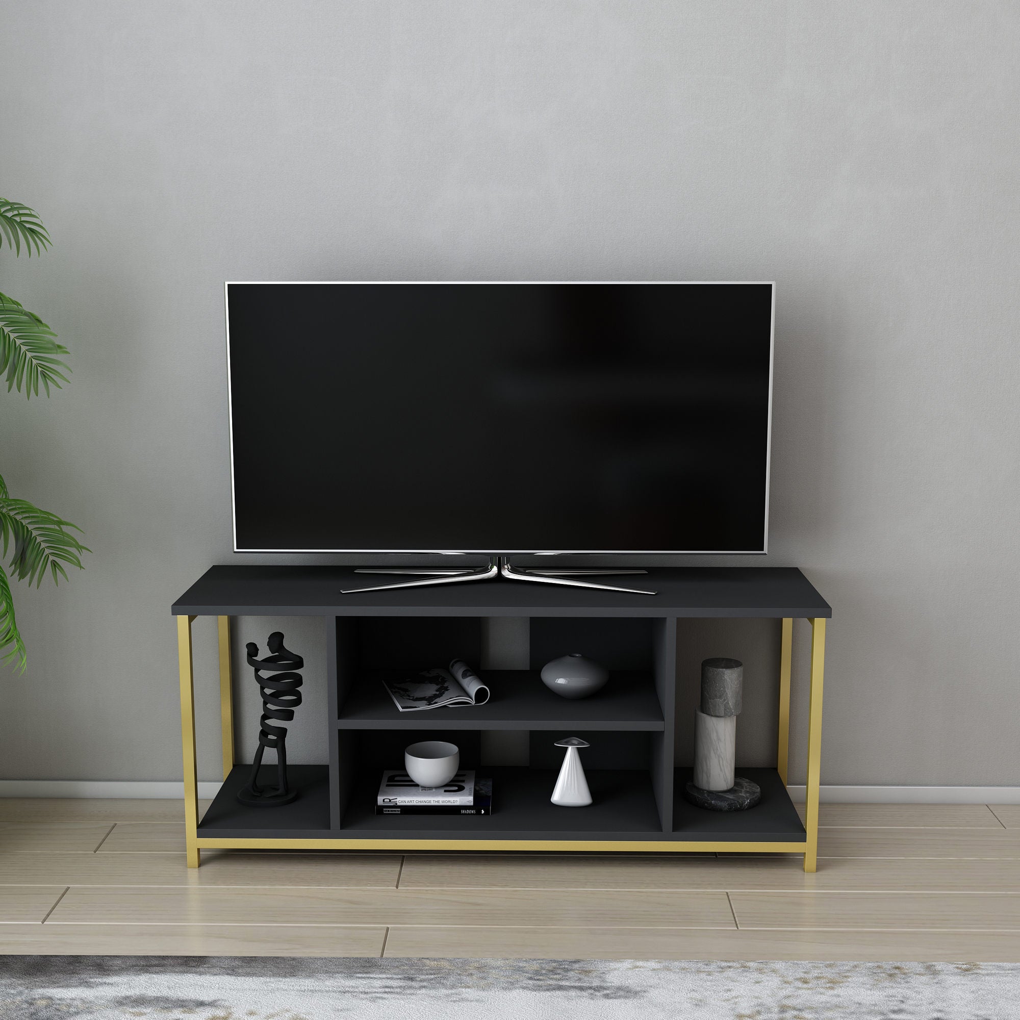 Móvel de TV Glamouroso, Antracite e Dourado, 120 x 35 x 50,8 cm | Painel de partículas 100% revestido em melamina, 18 mm de espessura, estrutura de metal resistente | Design elegante e funcional para salas de estar modernas