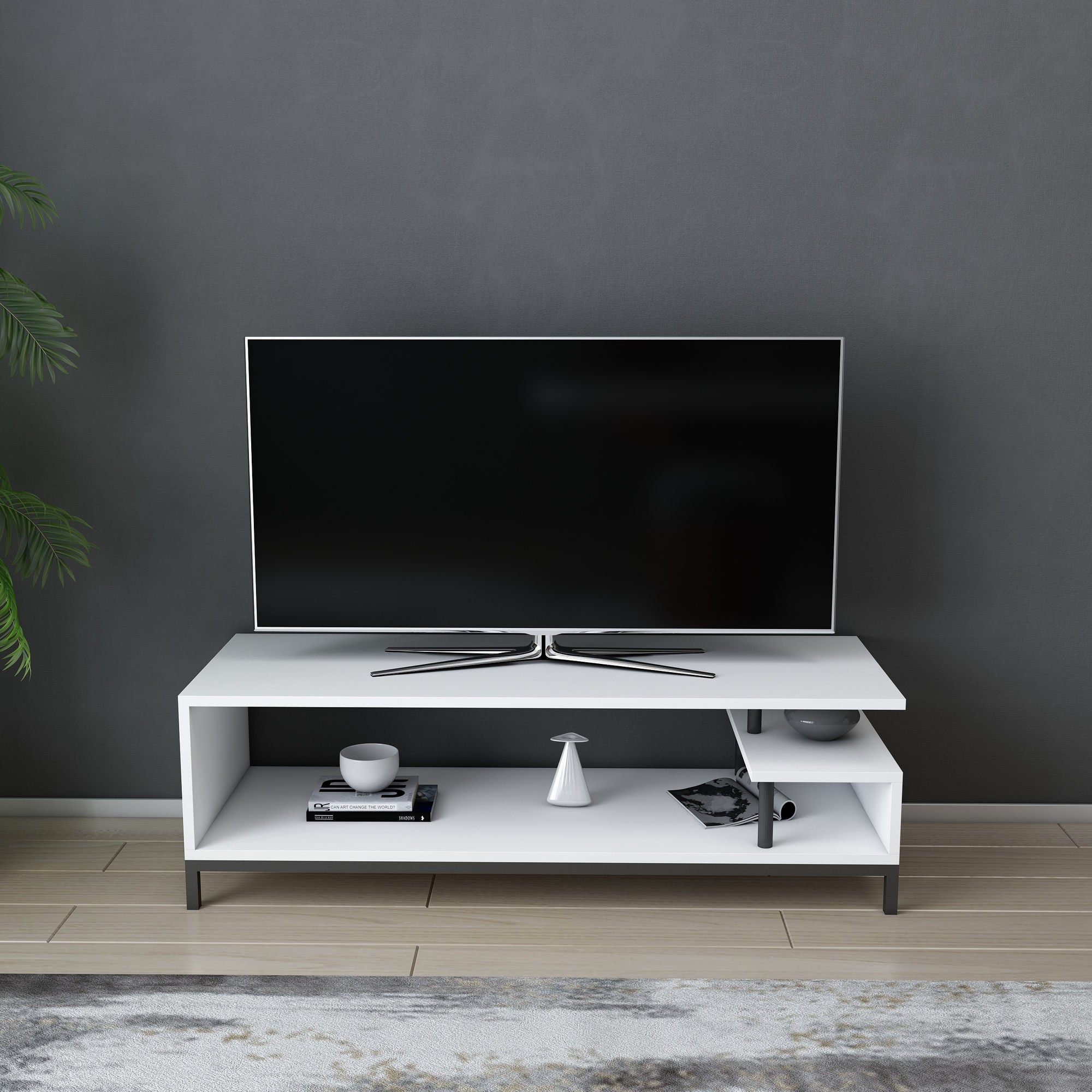 Móvel de TV elegante, preto e branco, 120 x 44,6 x 37,6 cm | Painel de partículas 100% revestido de melamina, 18 mm de espessura | Design moderno para salas de estar e espaços de entretenimento