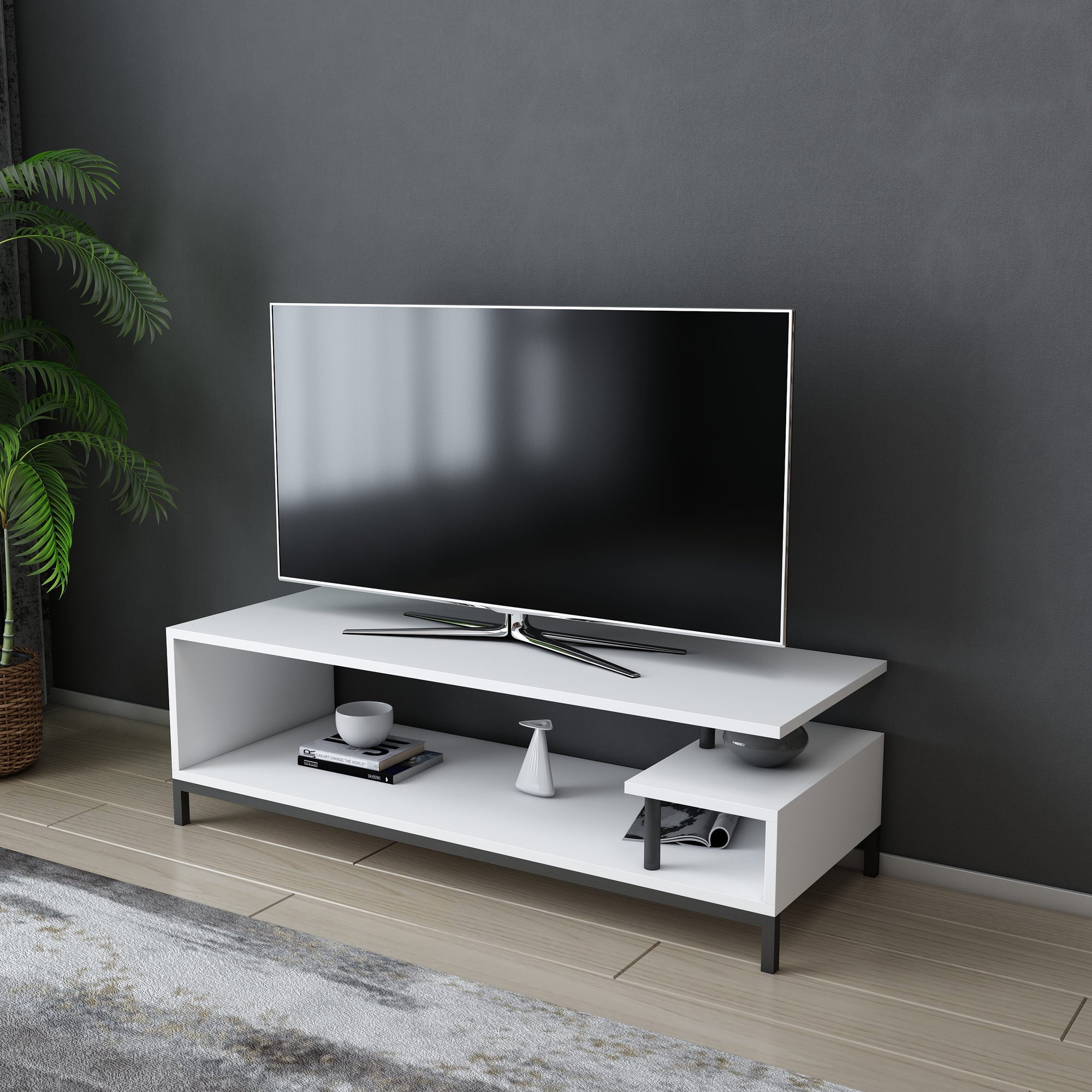 Móvel de TV elegante, preto e branco, 120 x 44,6 x 37,6 cm | Painel de partículas 100% revestido de melamina, 18 mm de espessura | Design moderno para salas de estar e espaços de entretenimento