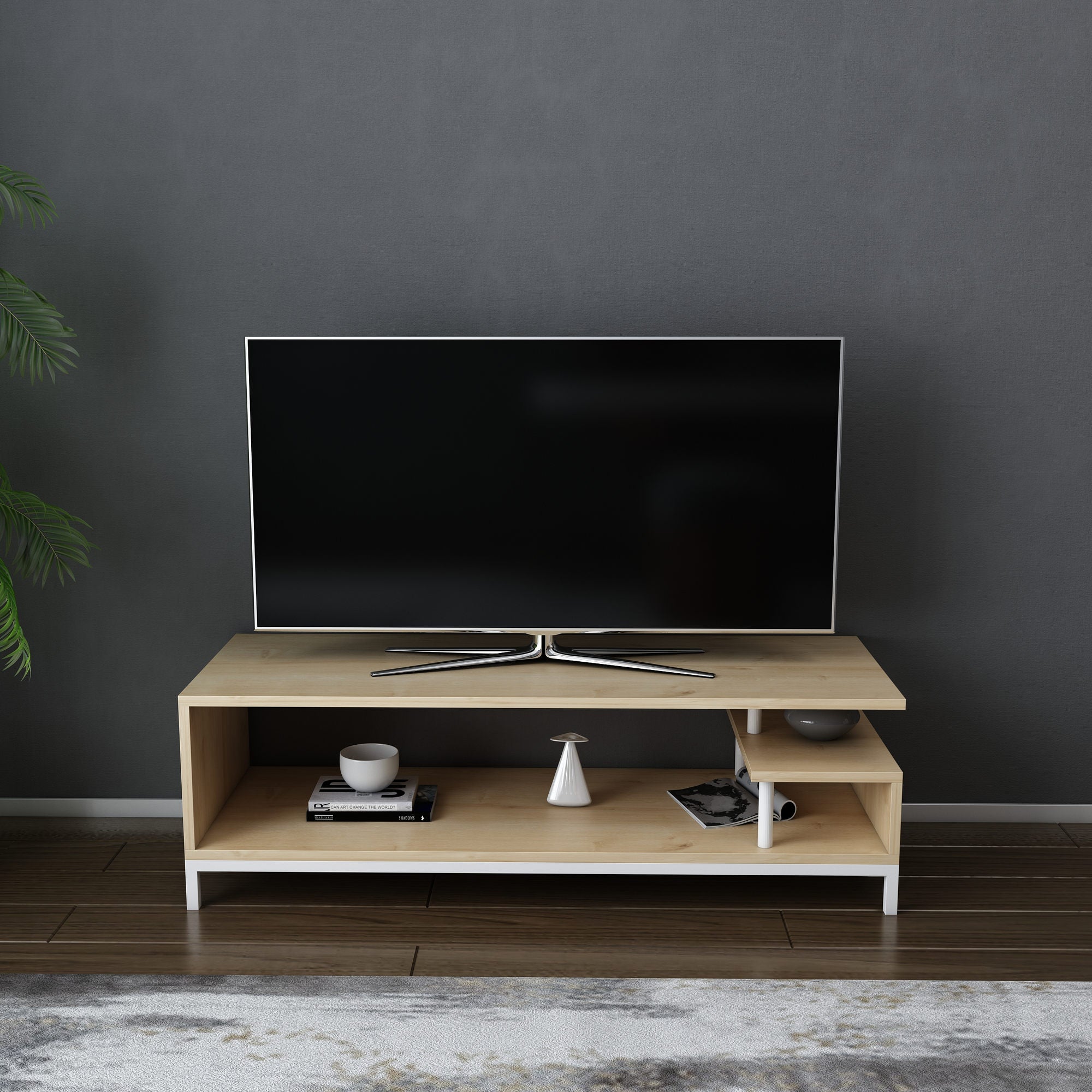 Móvel de TV escandinavo, branco e carvalho, 120 x 44,6 x 37,6 cm | Painel de partículas 100% revestido de melamina, 18 mm de espessura | Elegante e funcional para salas de estar modernas