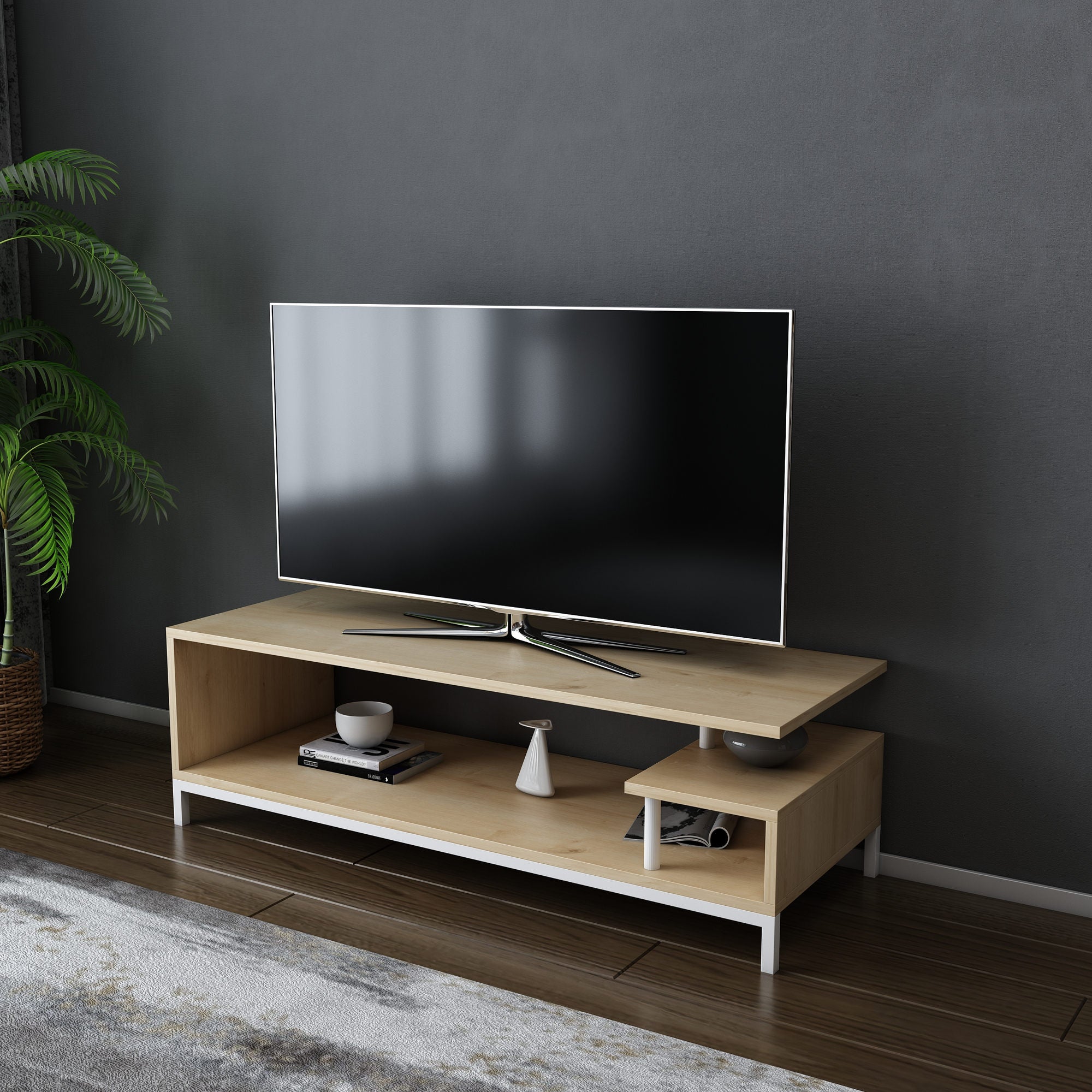 Móvel de TV escandinavo, branco e carvalho, 120 x 44,6 x 37,6 cm | Painel de partículas 100% revestido de melamina, 18 mm de espessura | Elegante e funcional para salas de estar modernas