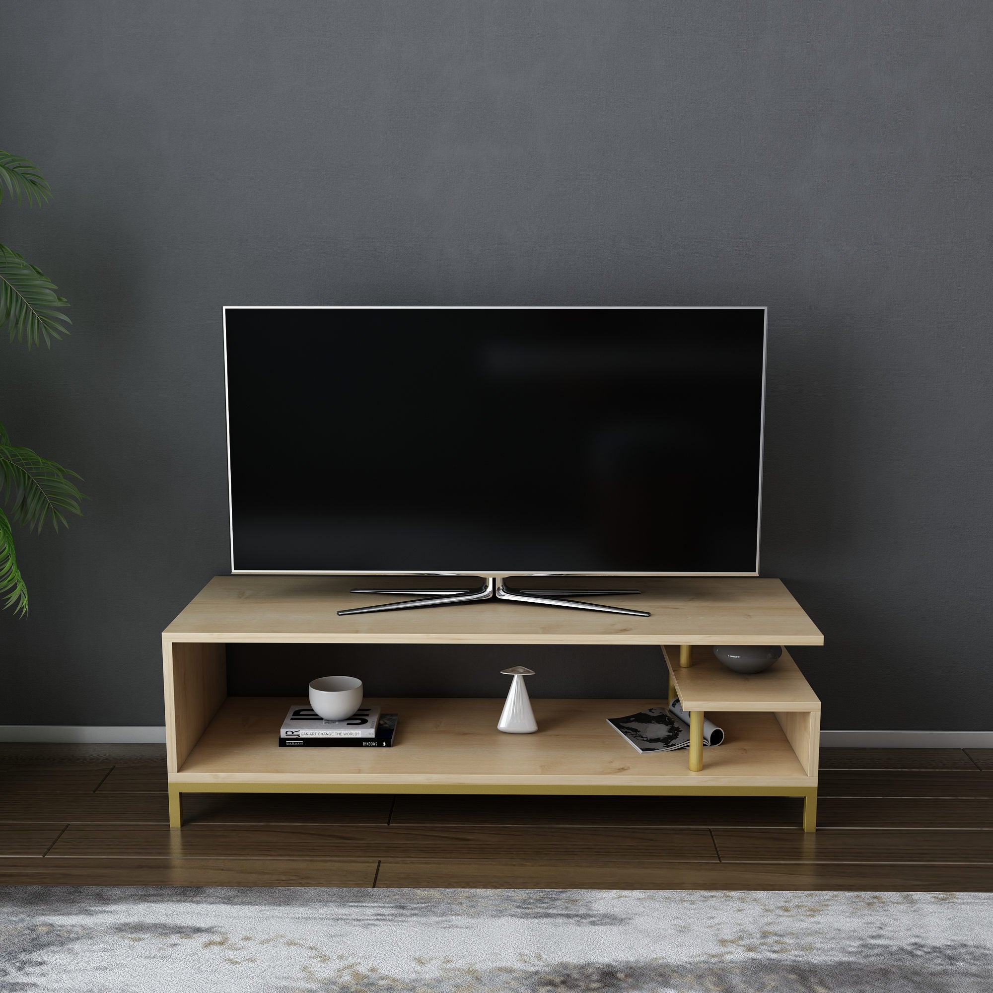 Móvel de TV elegante, dourado e carvalho, 120 x 44,6 x 37,6 cm | Painel de partículas 100% revestido de melamina, 18 mm de espessura | Design moderno para salas de estar e espaços de entretenimento