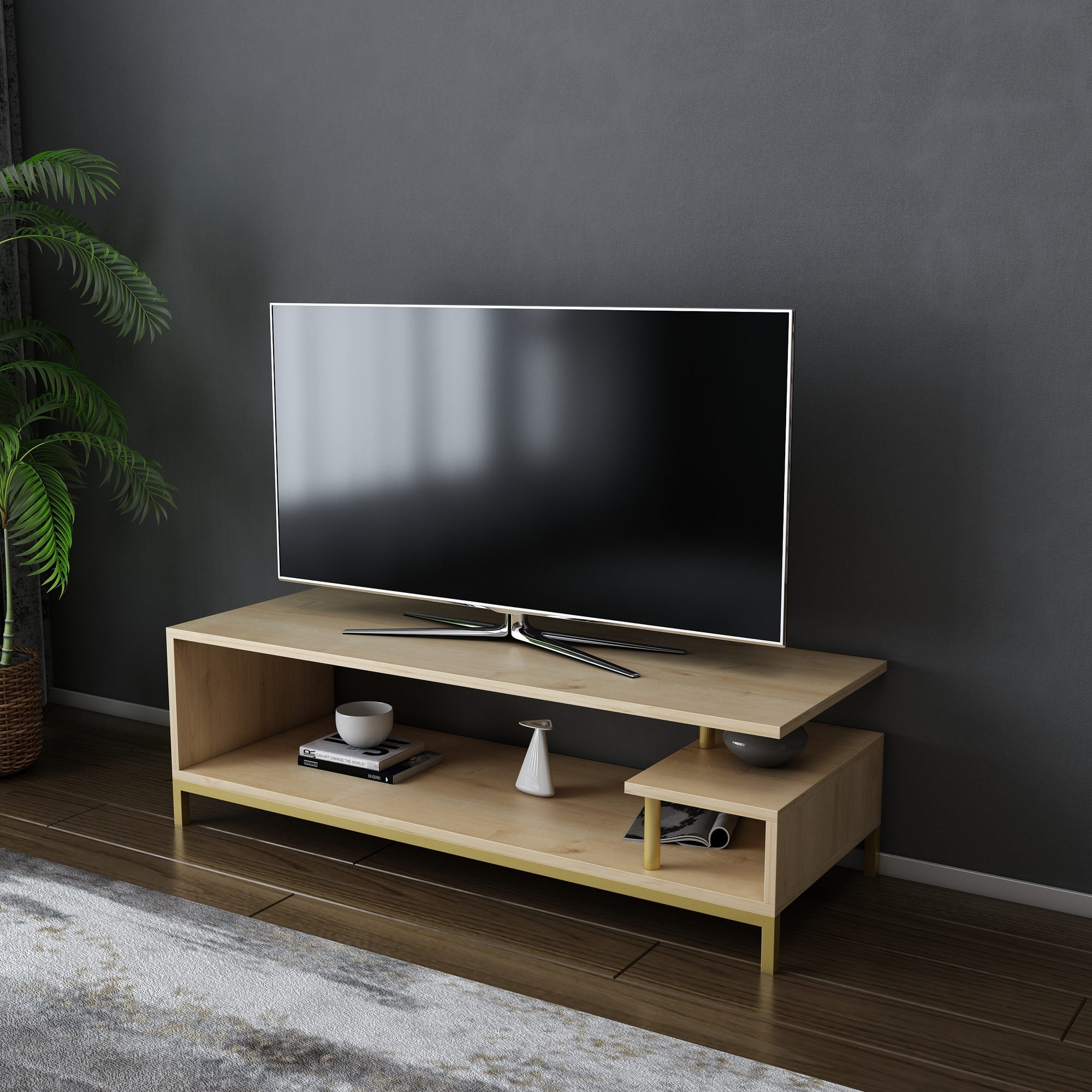Móvel de TV elegante, dourado e carvalho, 120 x 44,6 x 37,6 cm | Painel de partículas 100% revestido de melamina, 18 mm de espessura | Design moderno para salas de estar e espaços de entretenimento